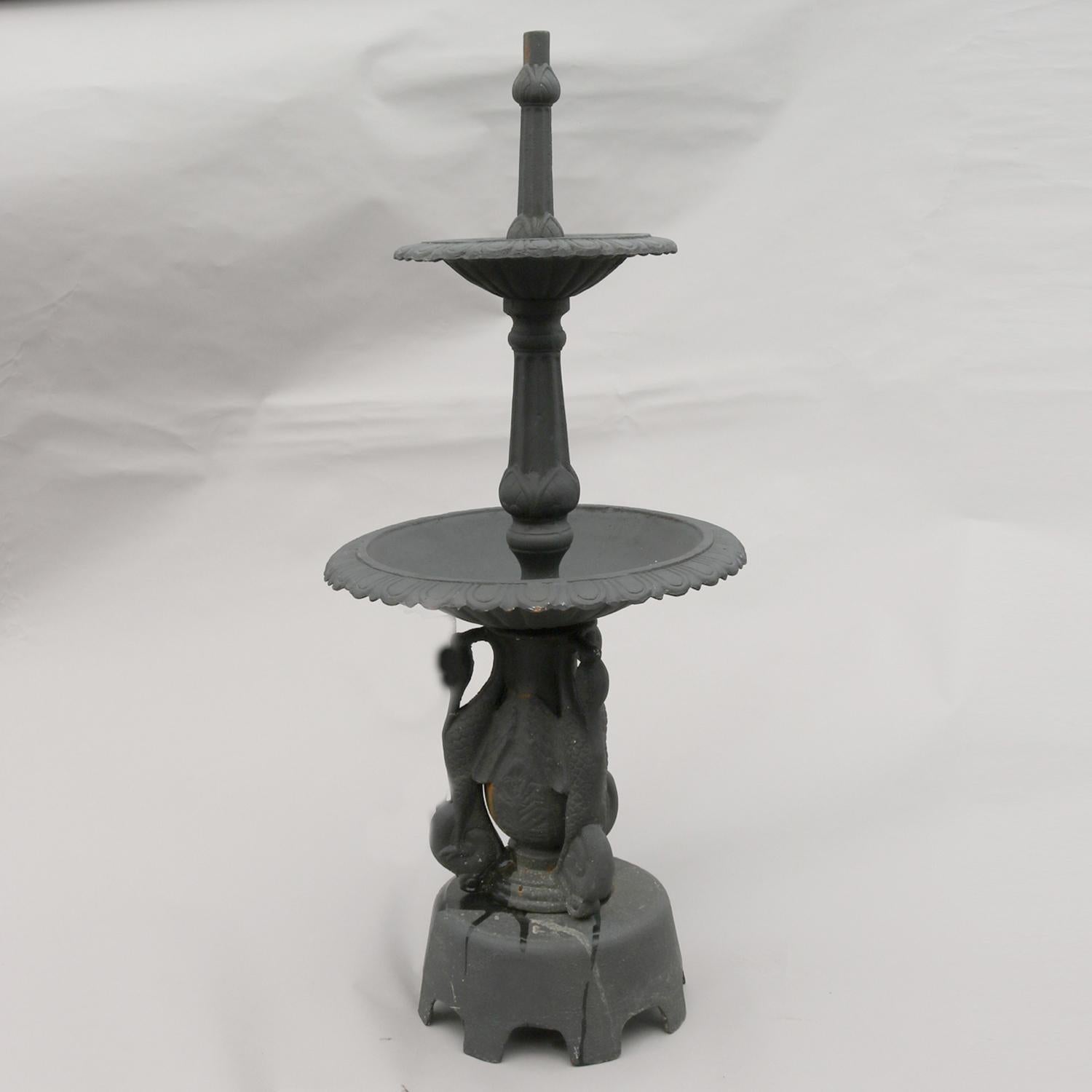 American Victorian Black Painted Cast Iron Two-Tiered Swan Garden Fountain