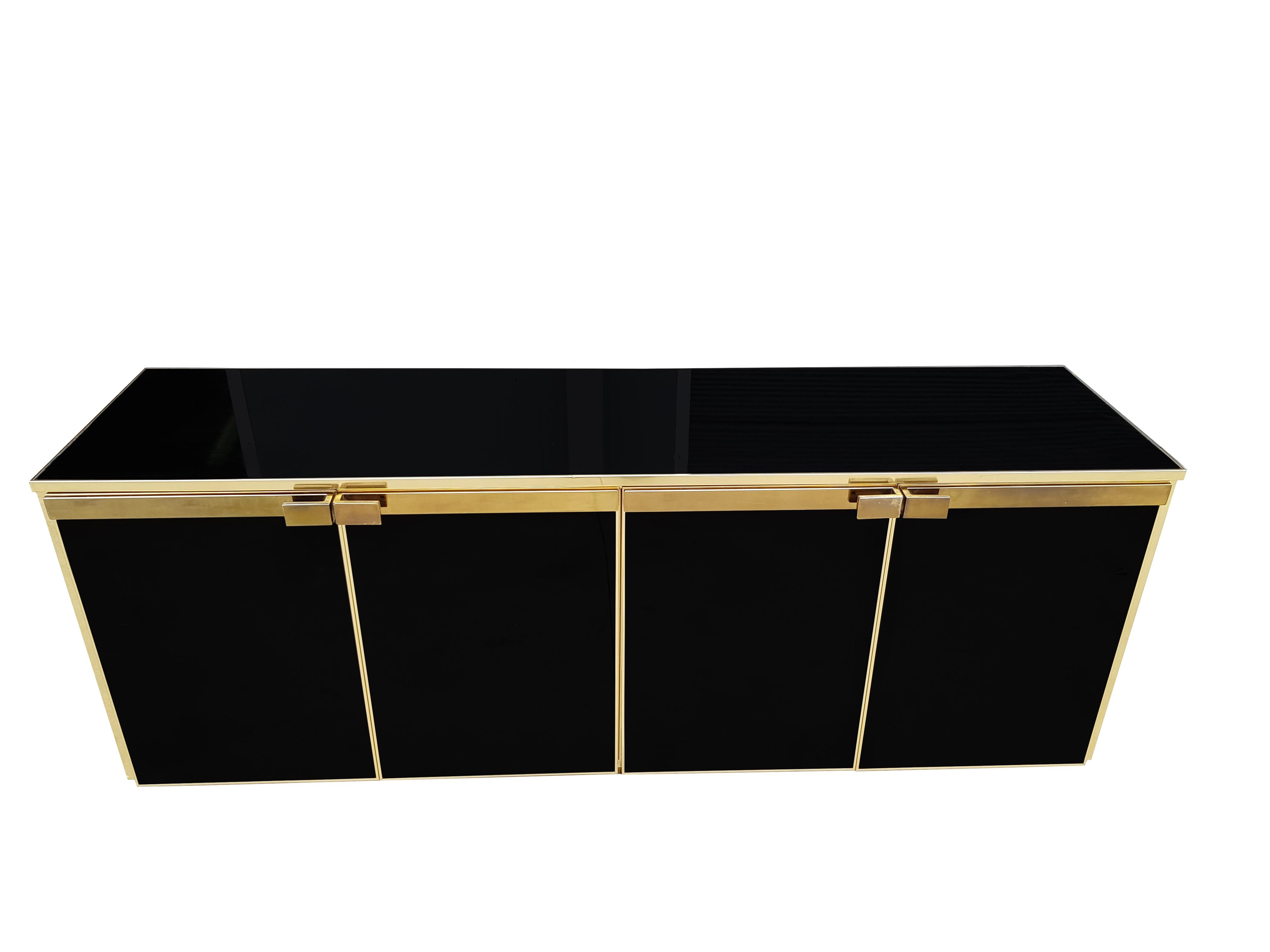 French Black Glass, Brass Detailed Credenza For Sale