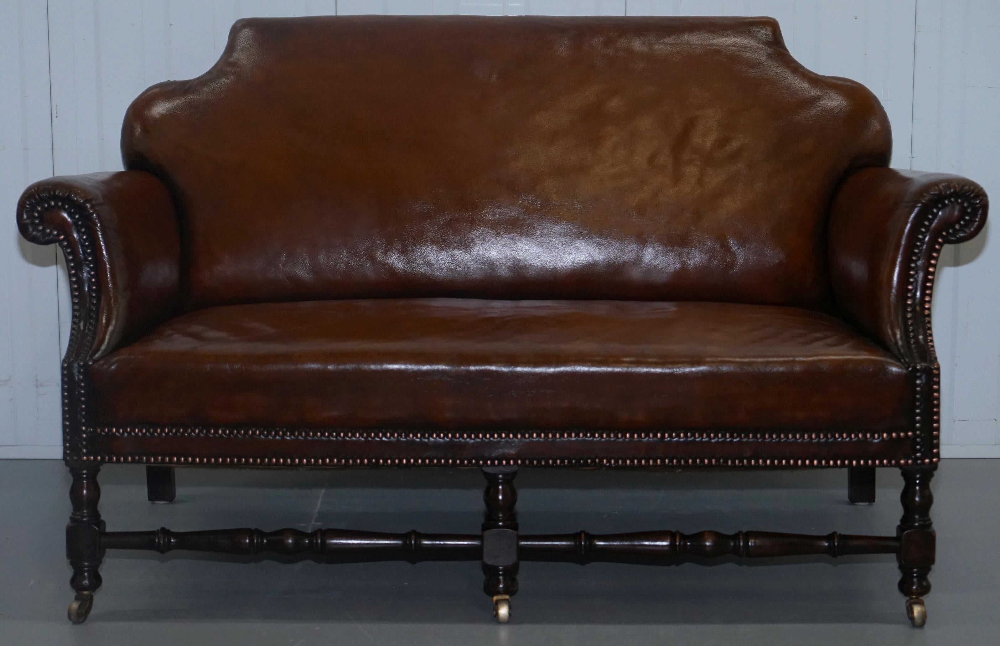 British Small Victorian Restored Humpback Brown Leather Club Suite Sofa and Armchairs