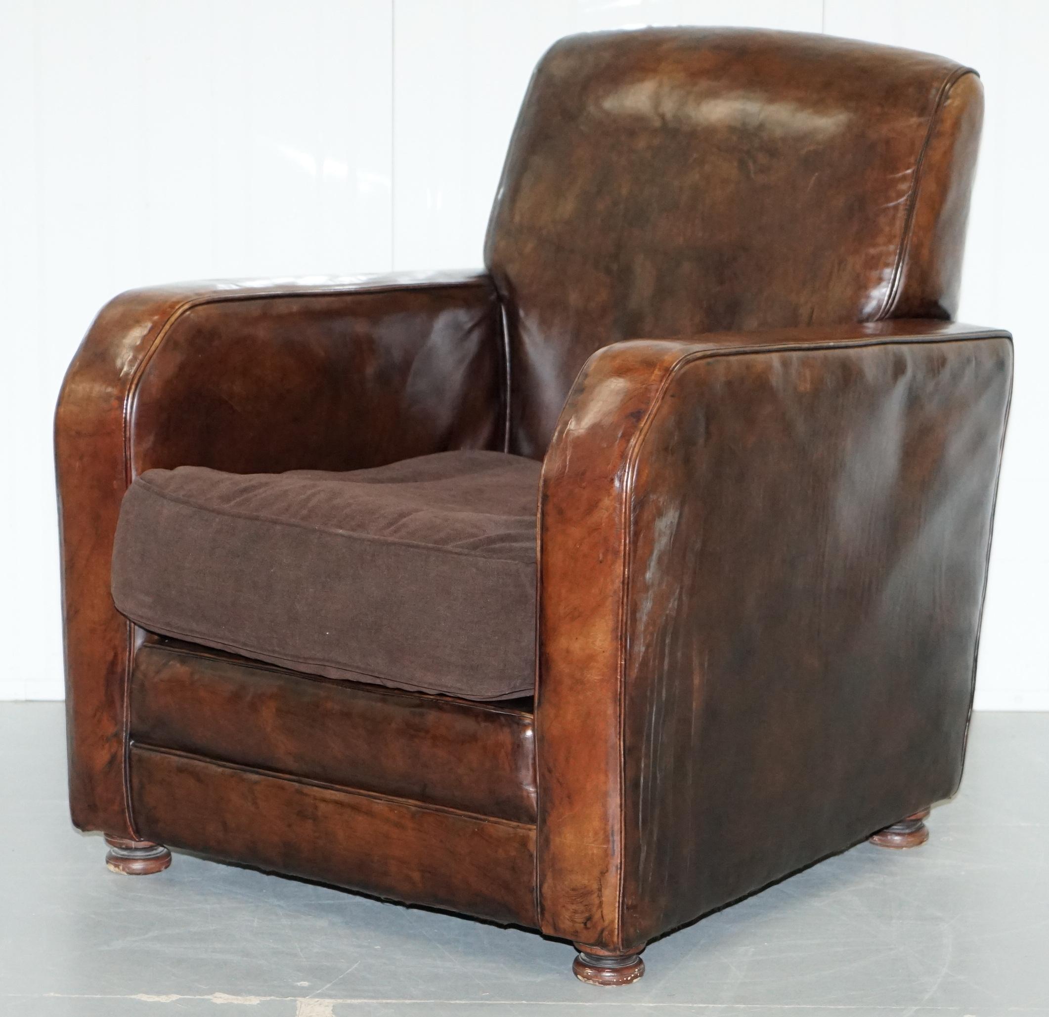 Victorian Aged Brown Leather Coil Sprung Base Armchair with Velvet Feather Filled Cushion