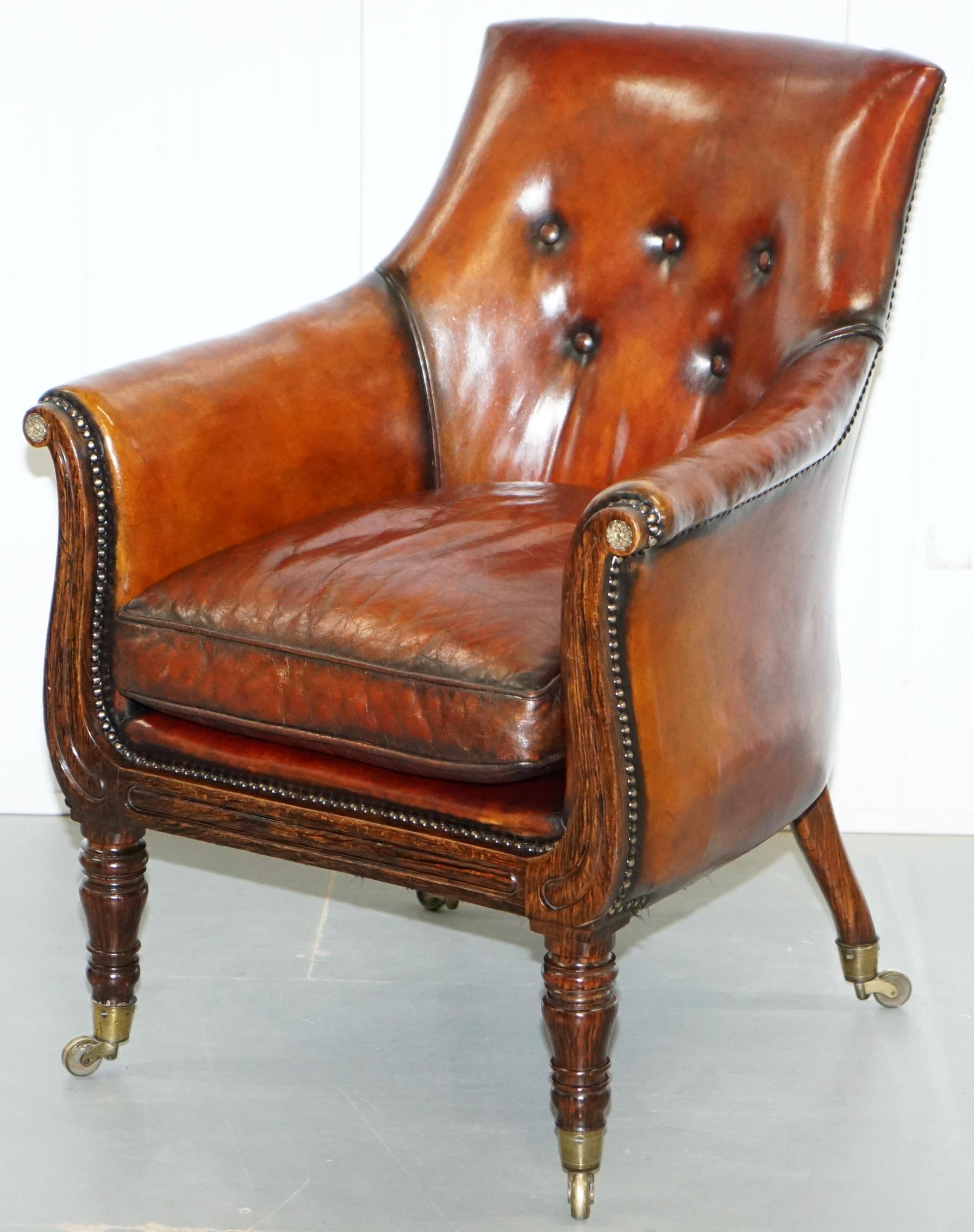 English Rare Attributed to Gillows Regency Armchair Hand Dyed Brown Leather Hand-Painted For Sale