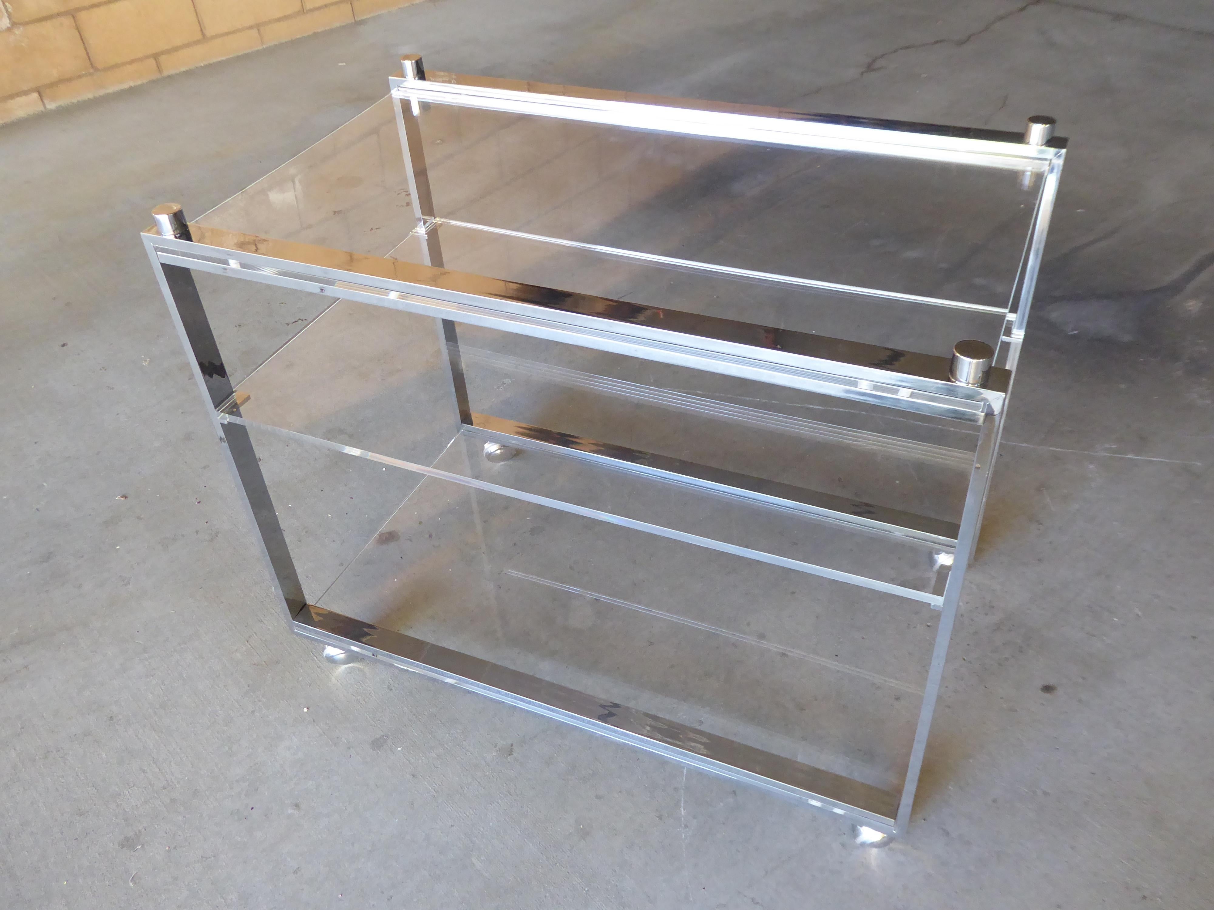 Mid-Century Modern Chrome-Plated Steel and Lucite Three-Level Serving Cart