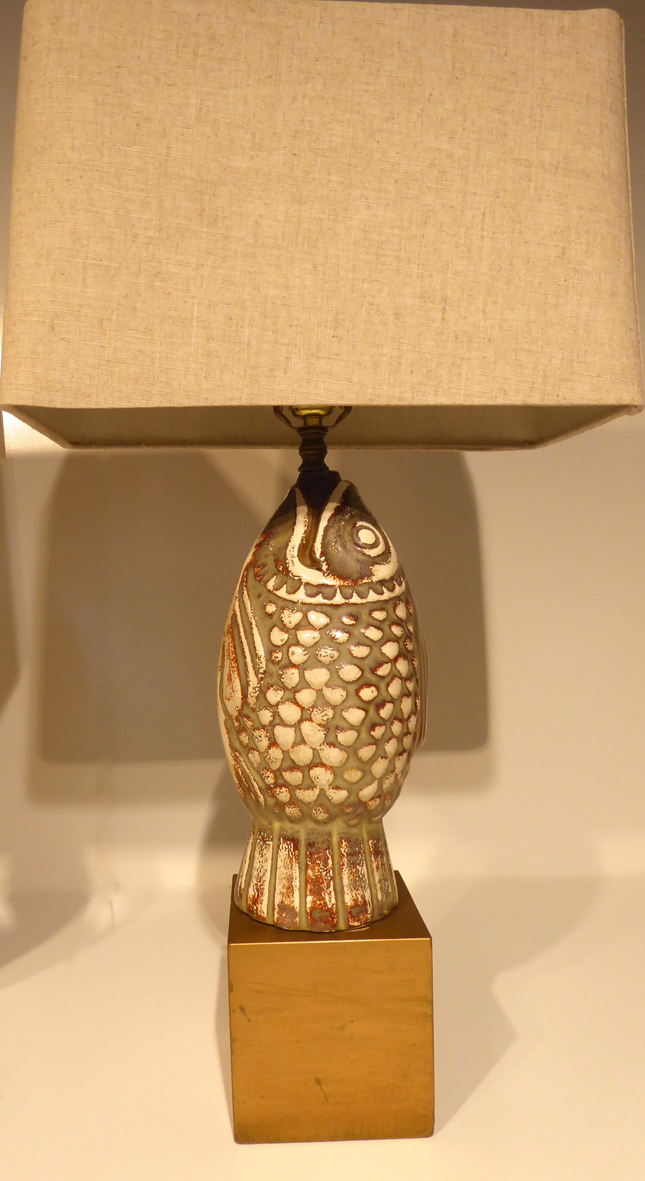 Hollywood Regency Opposing Pair of Ceramic Koi Figures Mounted as Lamps