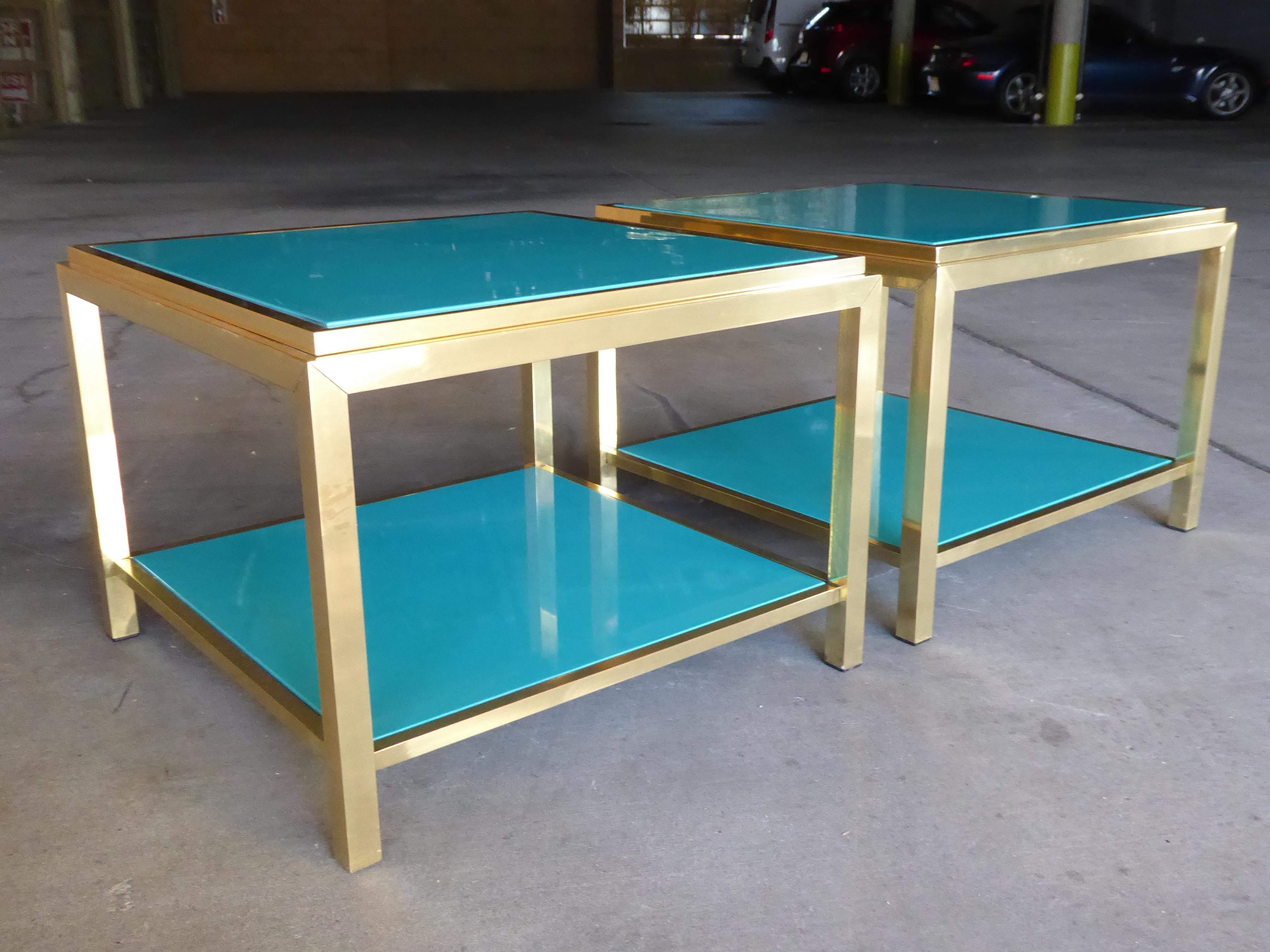 Hollywood Regency Pair of Brass and Lacquered Two-Tier Side Tables Attributed to Mastercraft