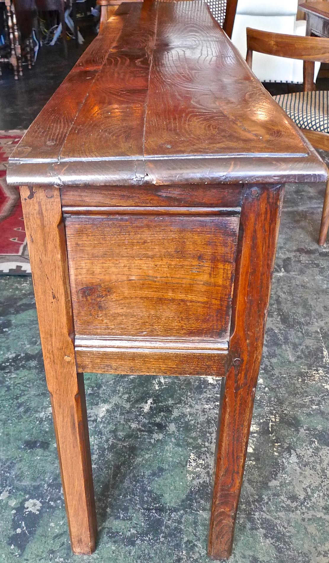 French XIX Long Walnut Console Table with Three Drawers with Original Hardware In Distressed Condition In Santa Monica, CA