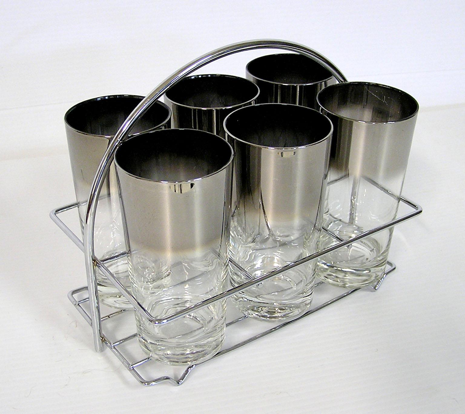 Mid-Century Modern 1960s Dorothy Thorpe Silver Fade Highball Glasses with Carrier, Set of Six For Sale