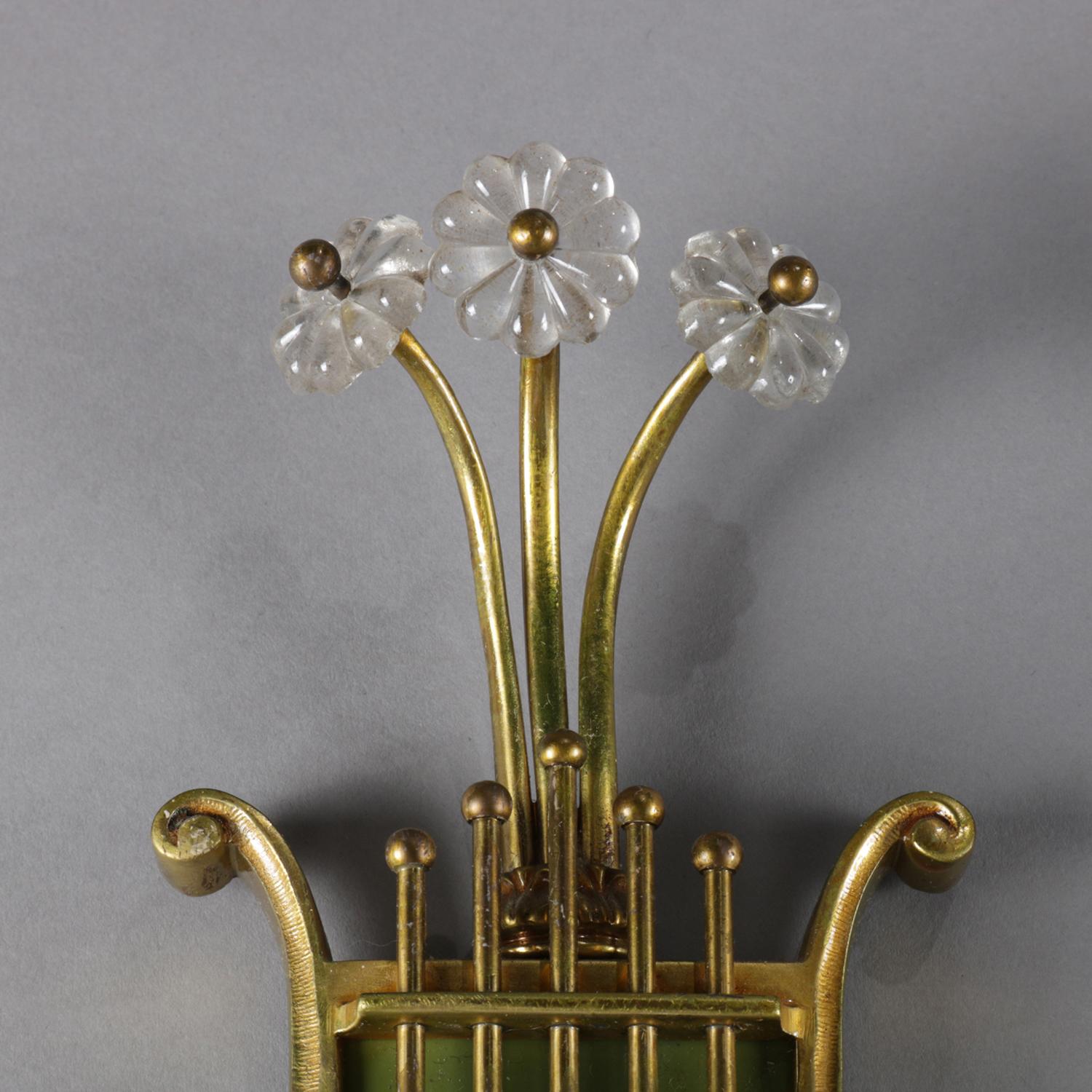 American Pair of Vintage Brass Lyre Form Two-Candle Electrified Wall Sconces 20th Century