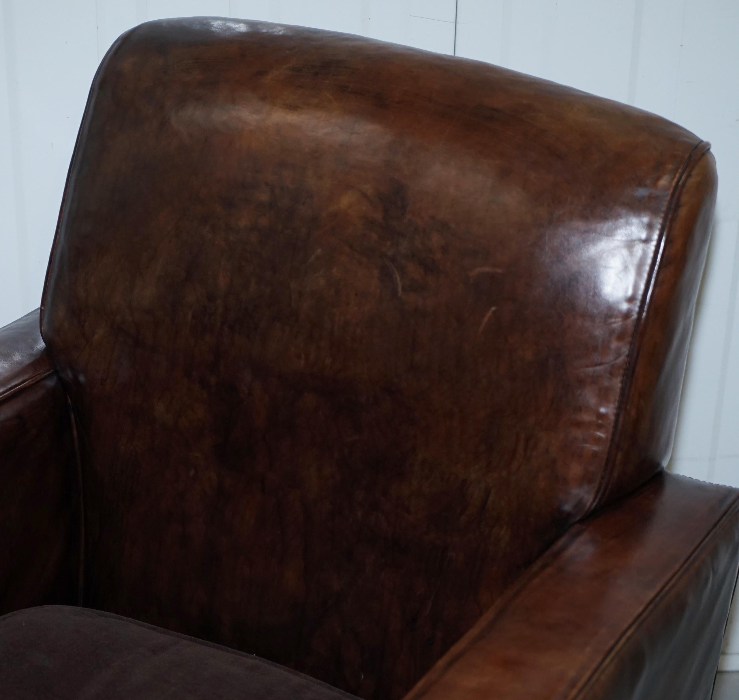 British Aged Brown Leather Coil Sprung Base Armchair with Velvet Feather Filled Cushion