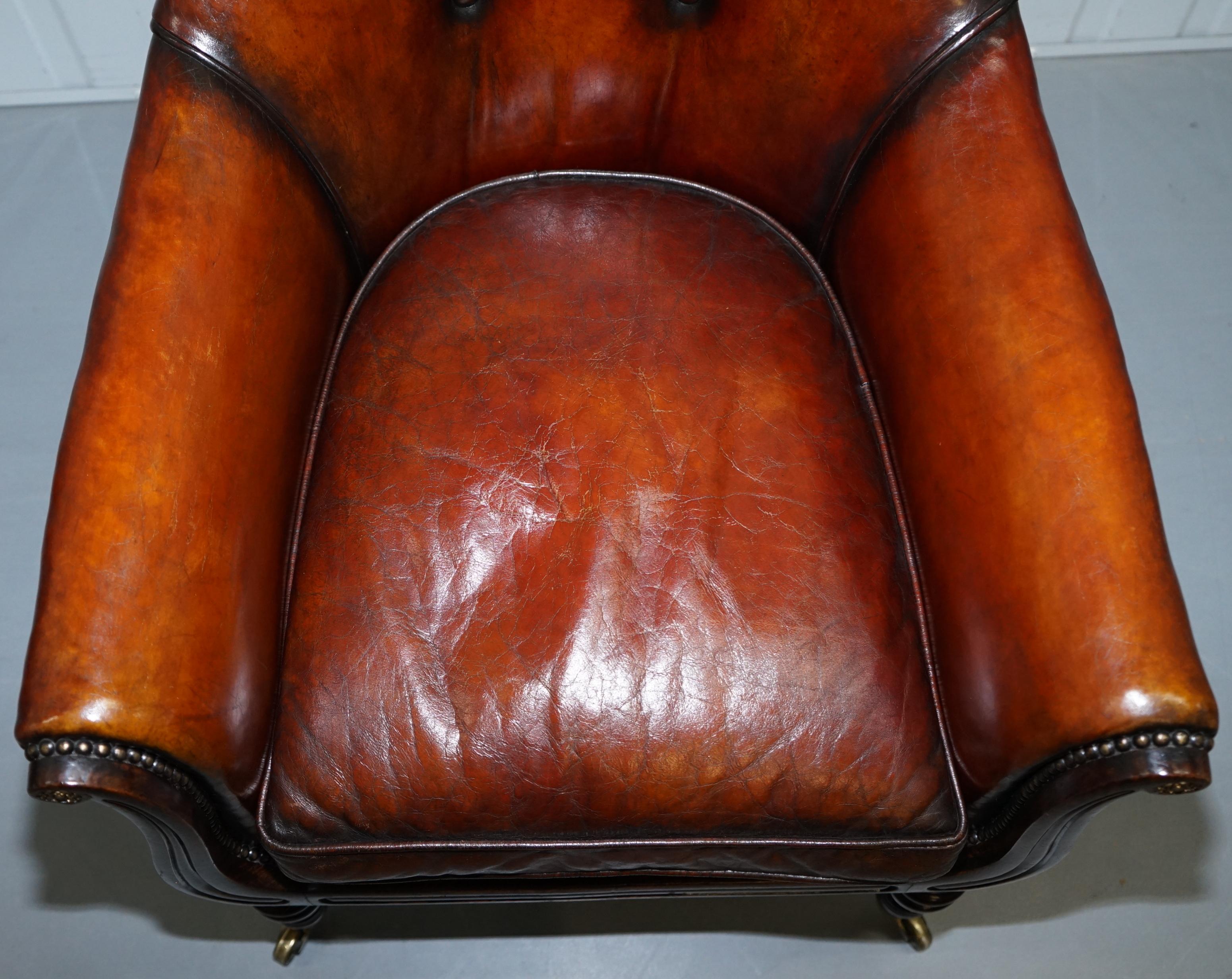 Hand-Carved Rare Attributed to Gillows Regency Armchair Hand Dyed Brown Leather Hand-Painted For Sale