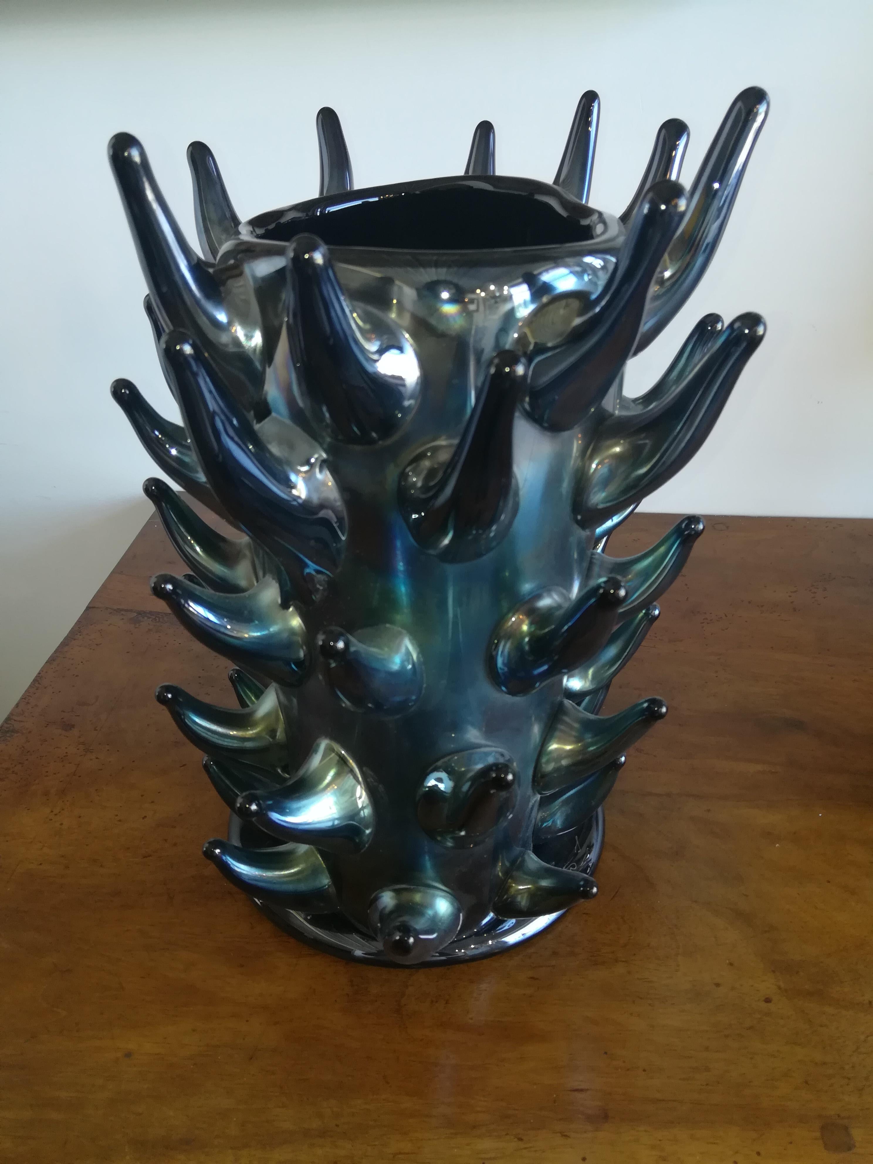 Modern Iridescent Italian Blown Glass Vase For Sale