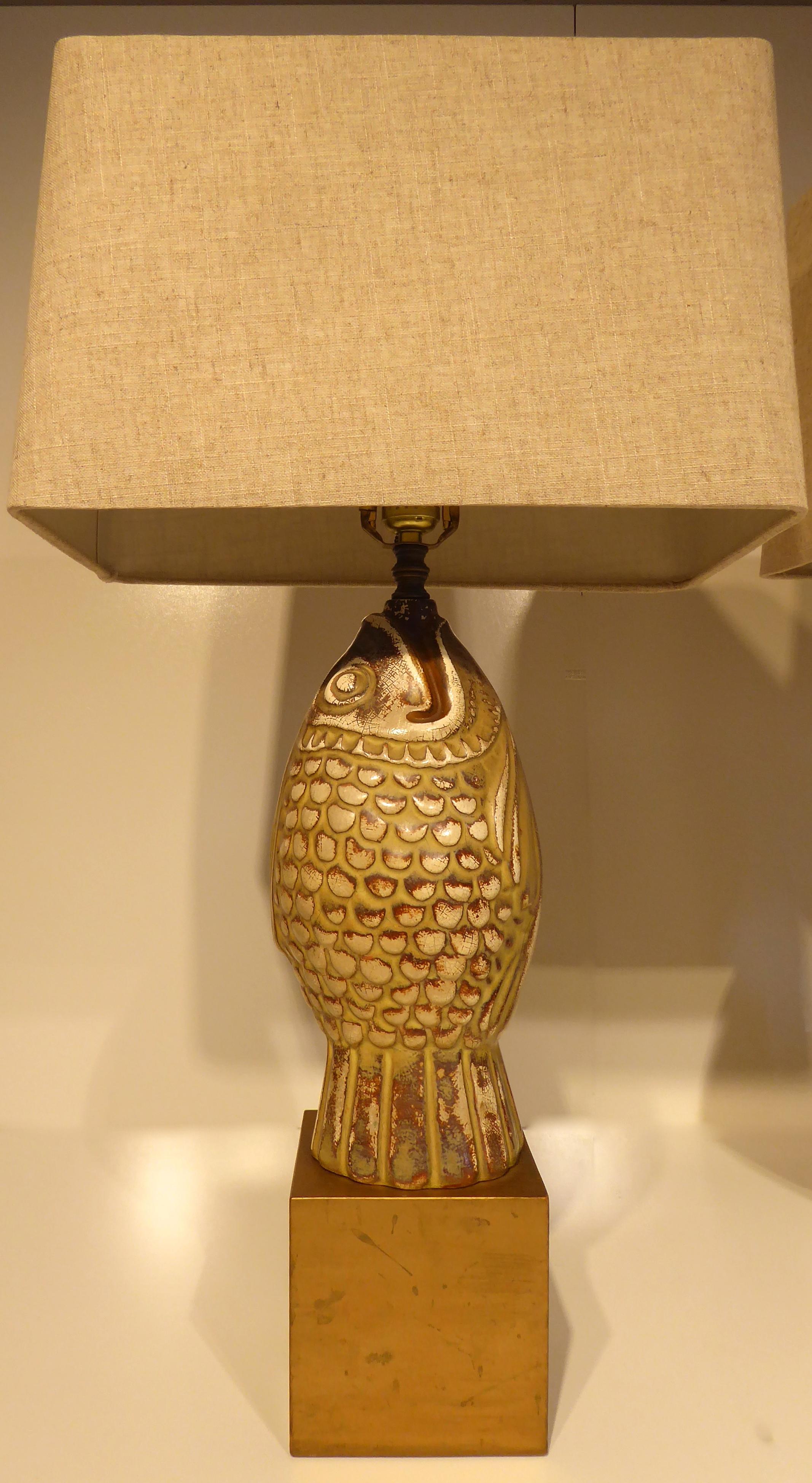 American Opposing Pair of Ceramic Koi Figures Mounted as Lamps