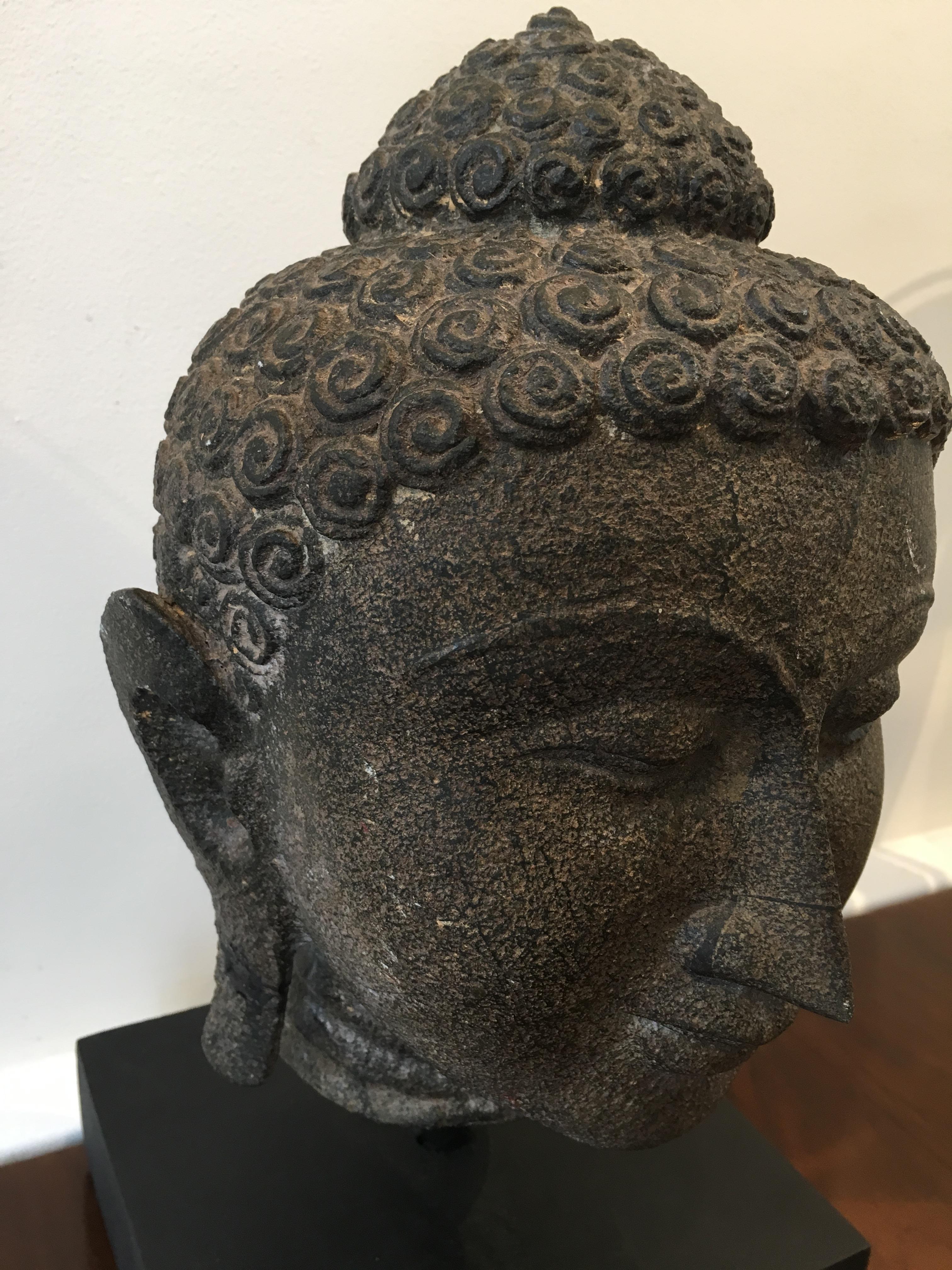 Late 19th Century Granite Buddha Head, Southeast Asia In Good Condition In Nantucket, MA