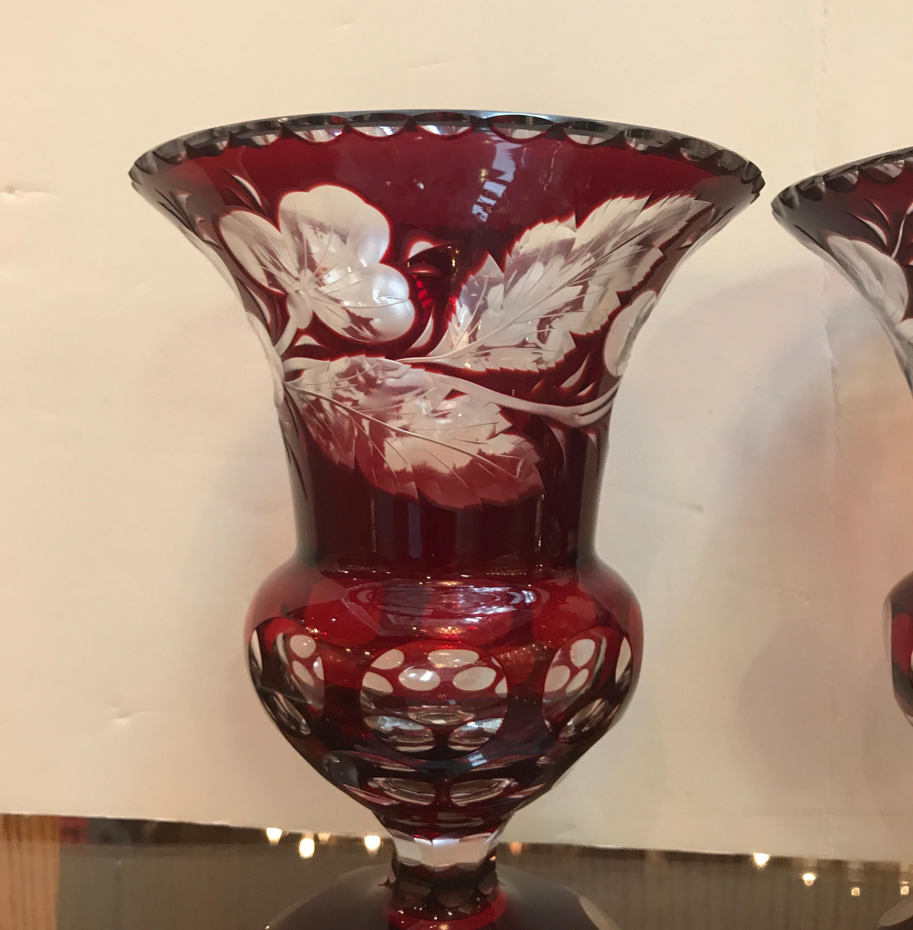 Early 20th Century Pair of Ruby Intaglao Cut to Clear Glass Campana Mantle Urns
