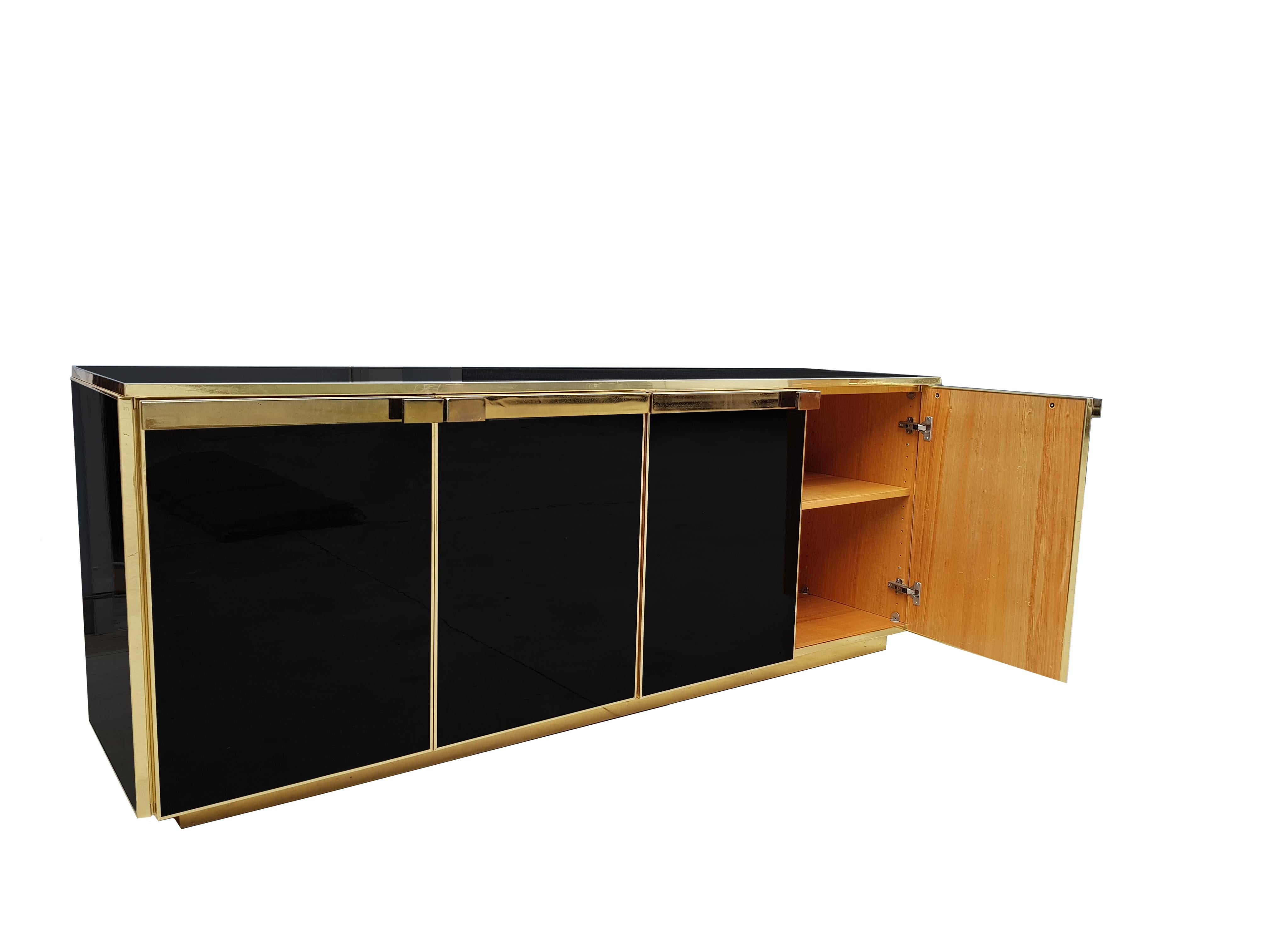 Late 20th Century Black Glass, Brass Detailed Credenza For Sale
