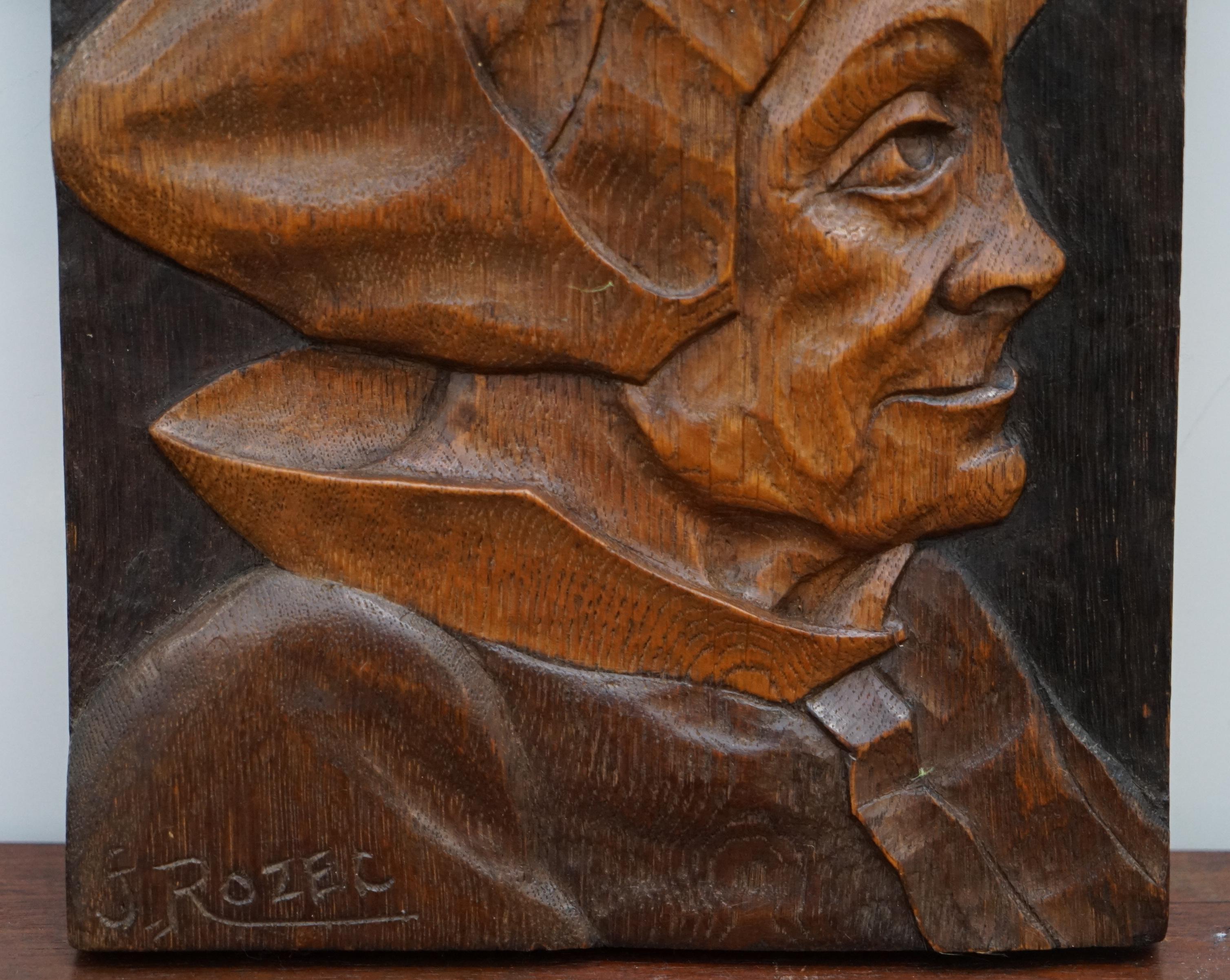 Arts and Crafts Pair of Rare Hand Wood Carved Walnut J Rozec Signed Portraits Fisherman & Wife For Sale