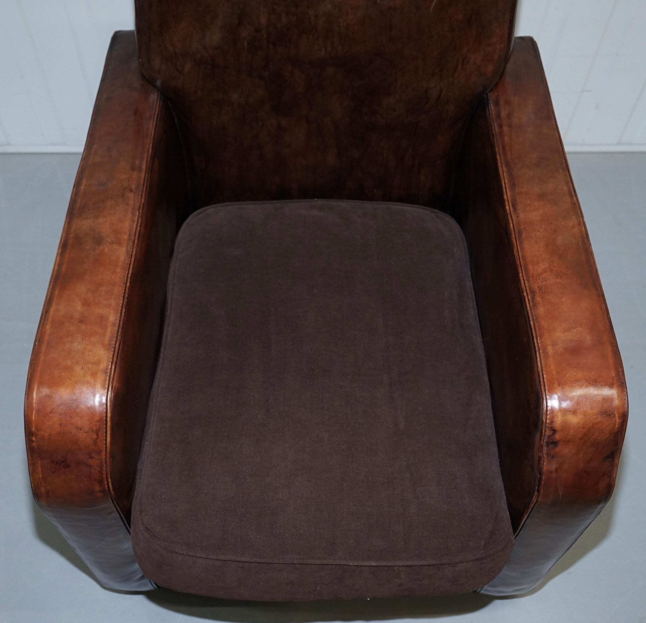 Hand-Crafted Aged Brown Leather Coil Sprung Base Armchair with Velvet Feather Filled Cushion