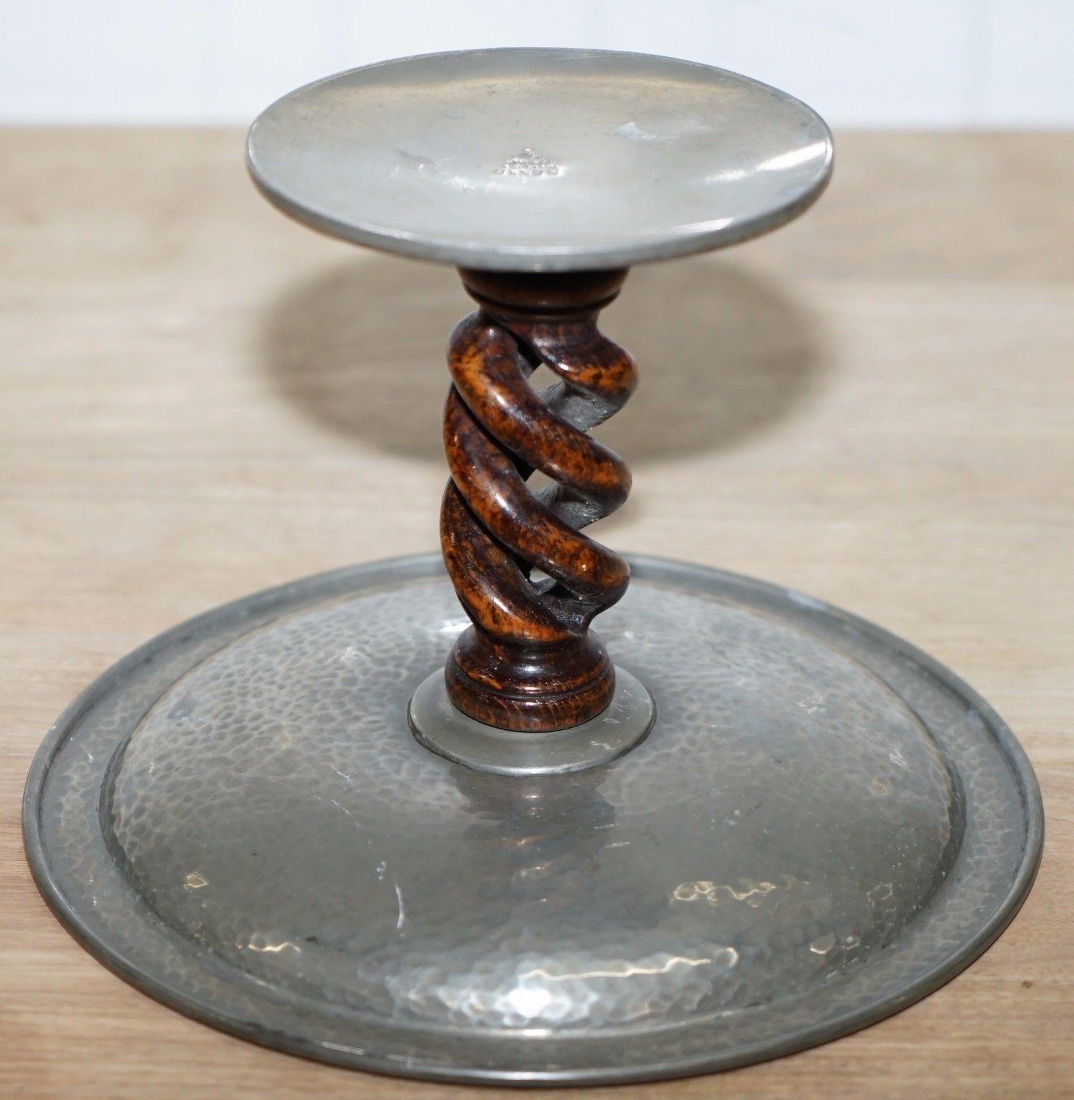 Hand-Crafted Rare Liberty of London Tudric Pewter Tazzar with Barley Twist Walnut Stem Tray