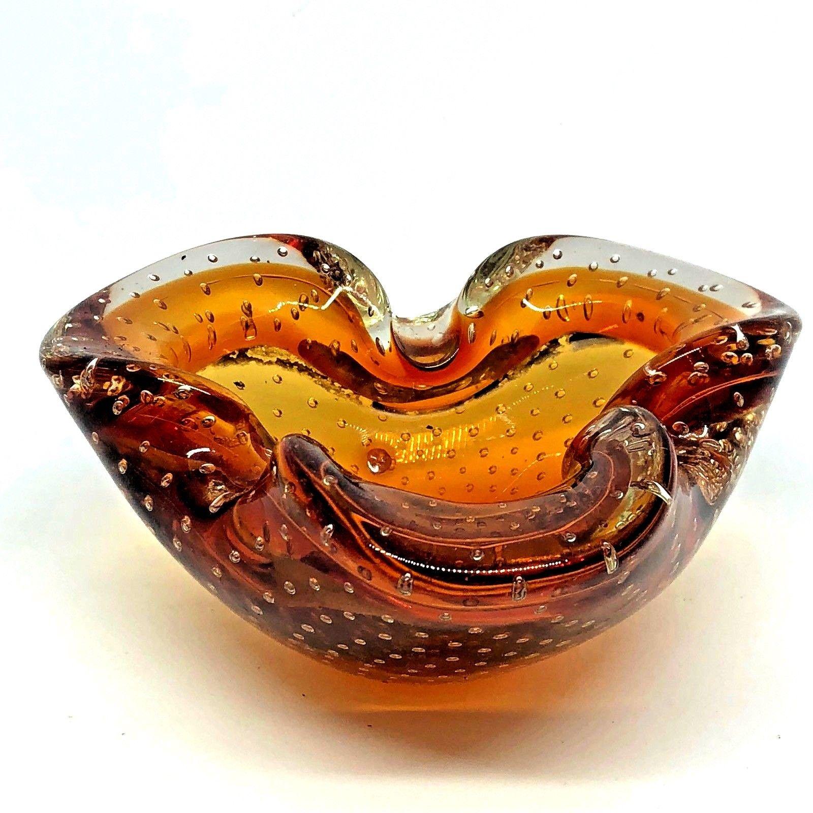 Mid-Century Modern Sommerso Amber Controlled Bubbles Murano Art Glass Bowl or Astray