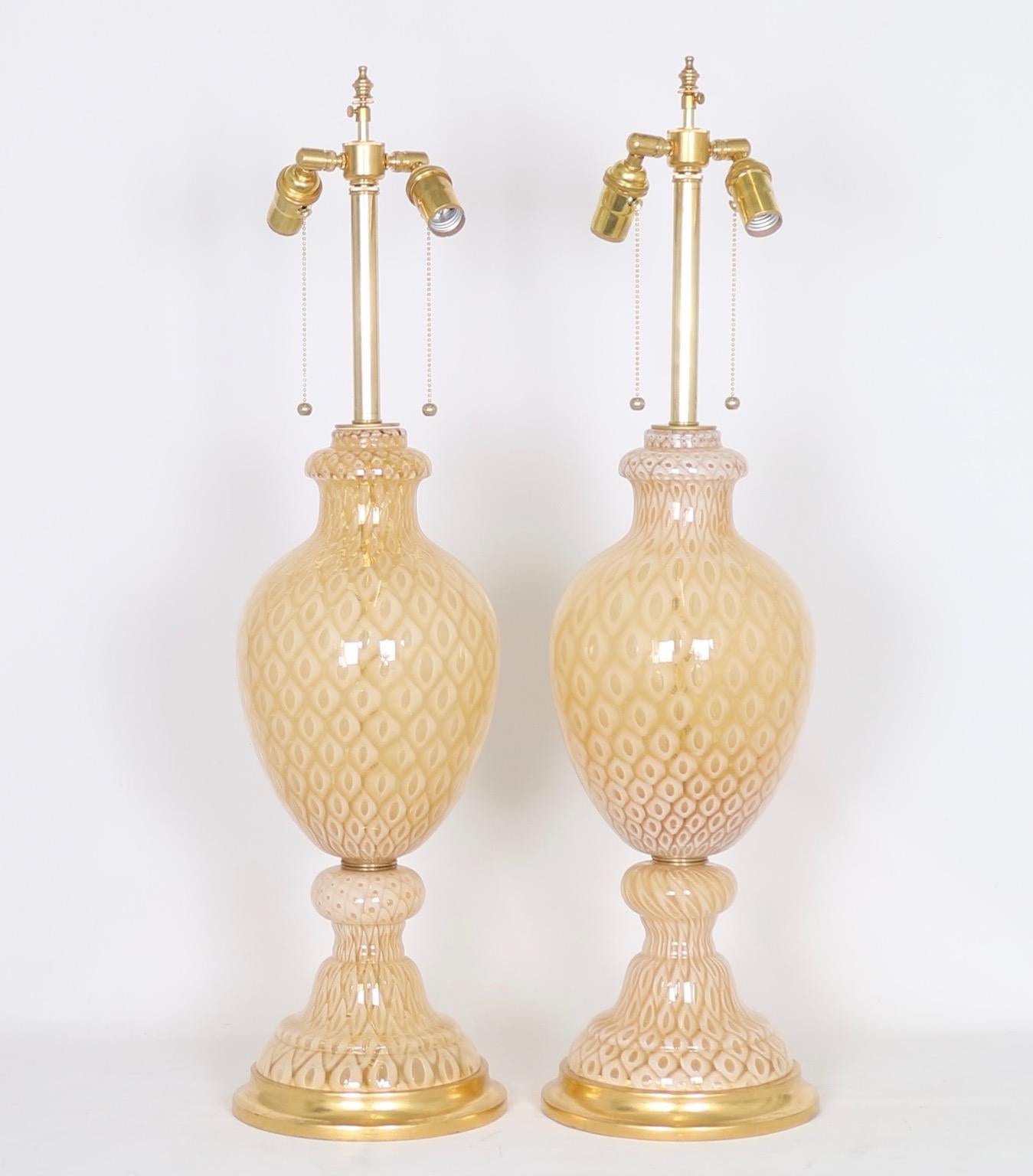 Mid-20th Century Seguso for Marbro Lamp Co. Hollywood Regency Murano Glass Honeycomb Lamps