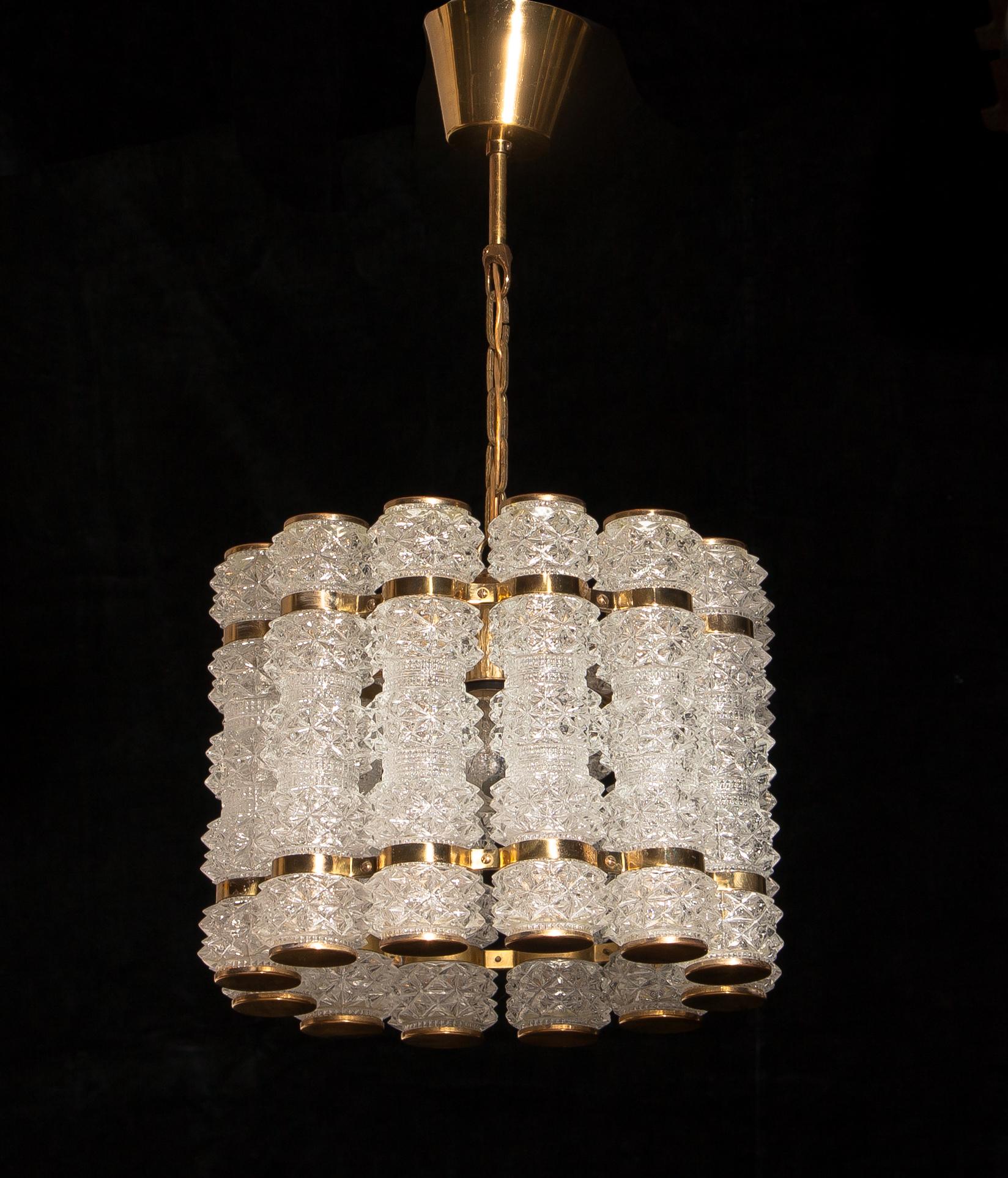 Mid-20th Century 1960s, Brass and Crystal Cylinder Chandelier by Tyringe for Orrefors, Sweden