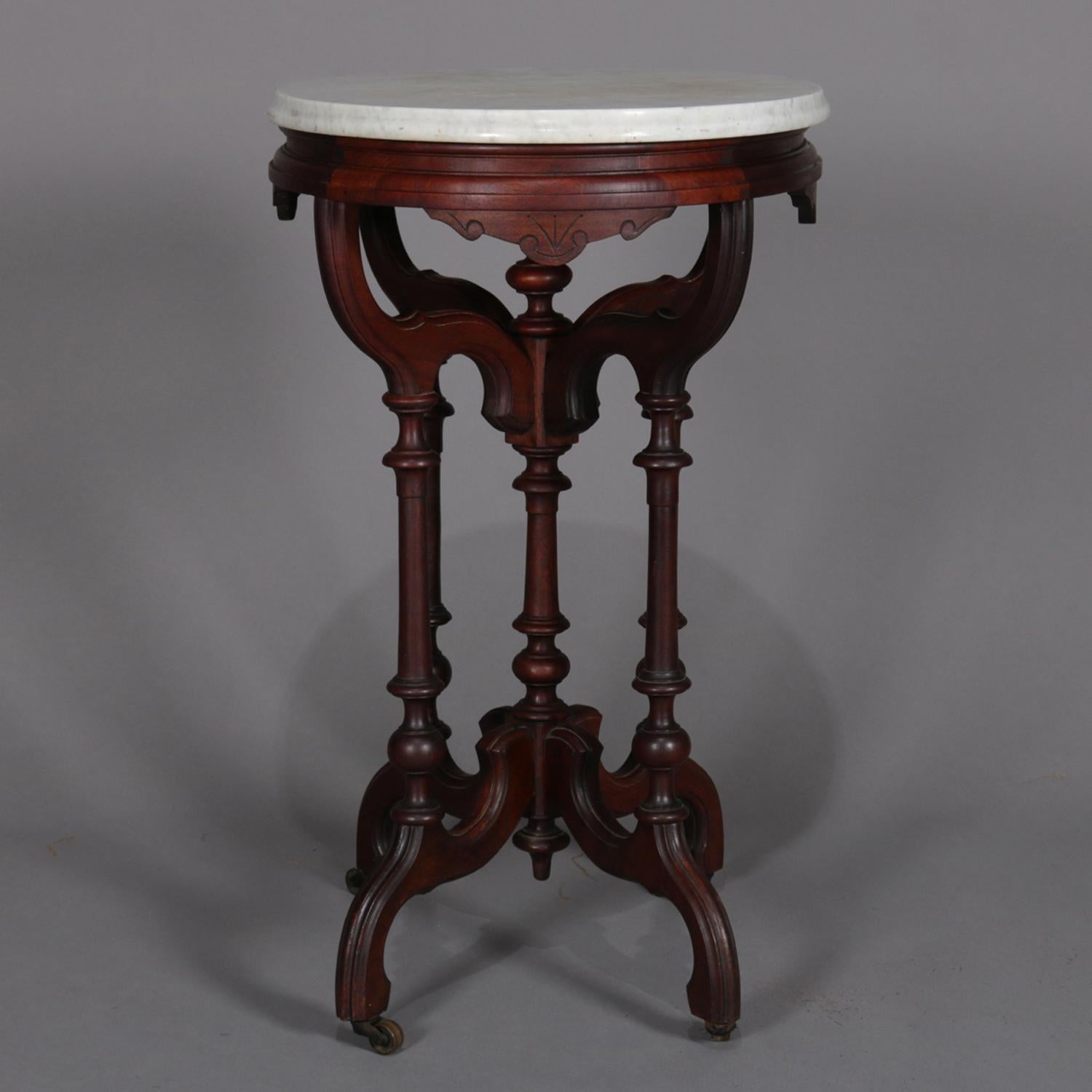 Victorian Antique Eastlake Carved Walnut Marble-Top Plant Stand, circa 1890