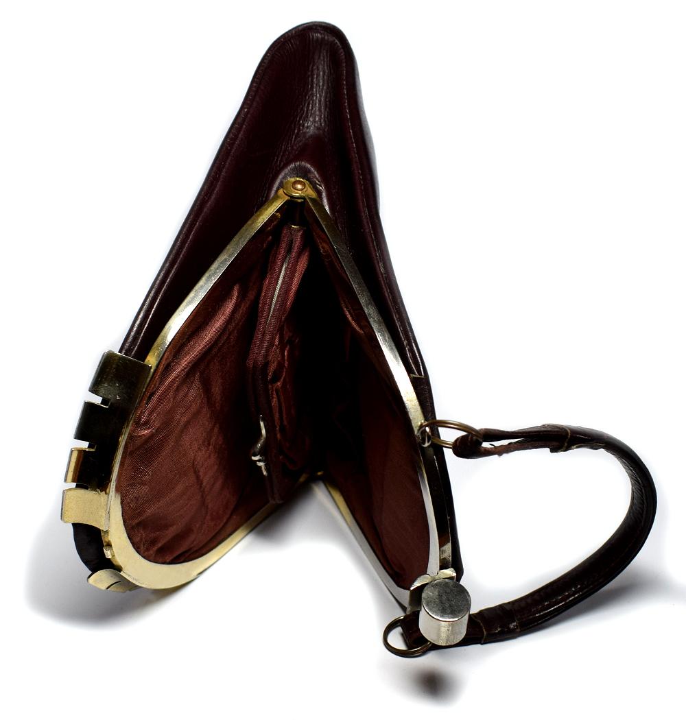 Metal Art Deco 1930s Brown Leather Handbag