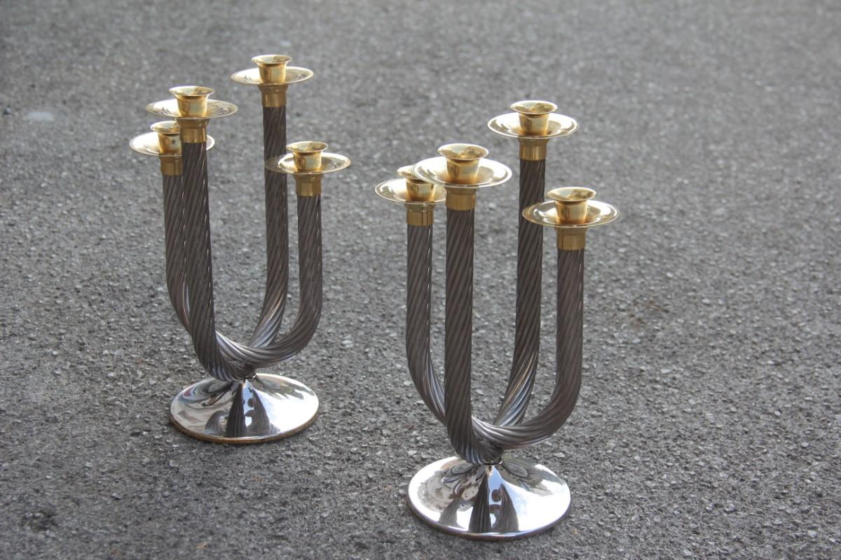 Pair of 1970 Candelabra in Silver and Gold Spiral Metal Italian Design 1
