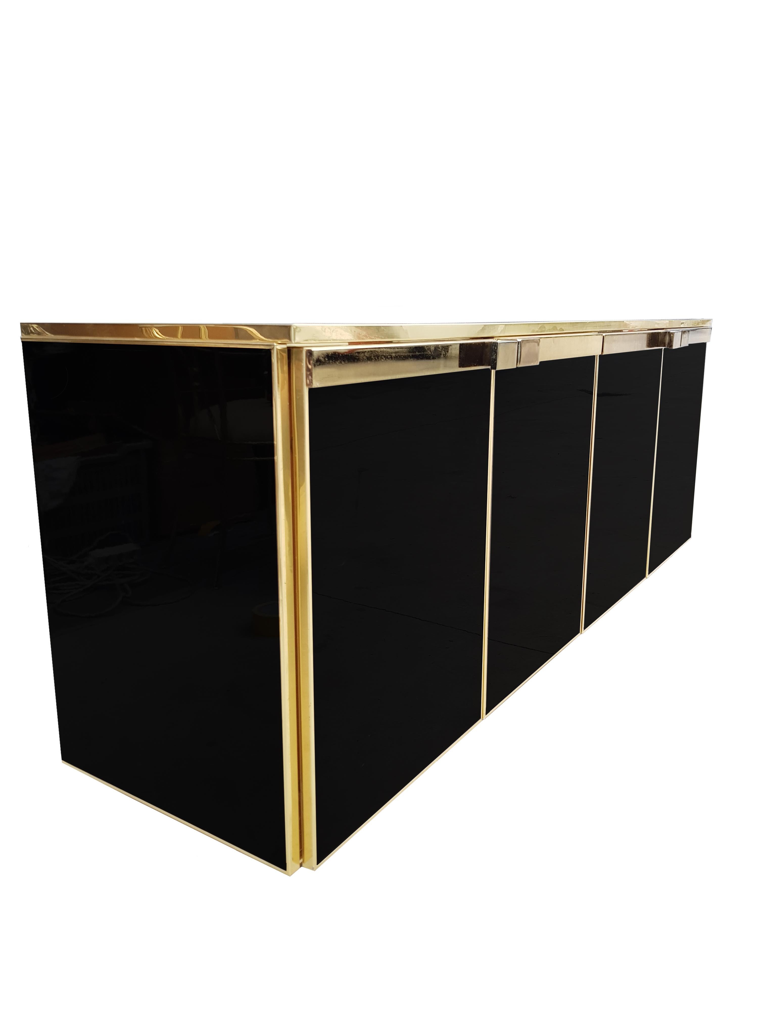 Black Glass, Brass Detailed Credenza For Sale 1
