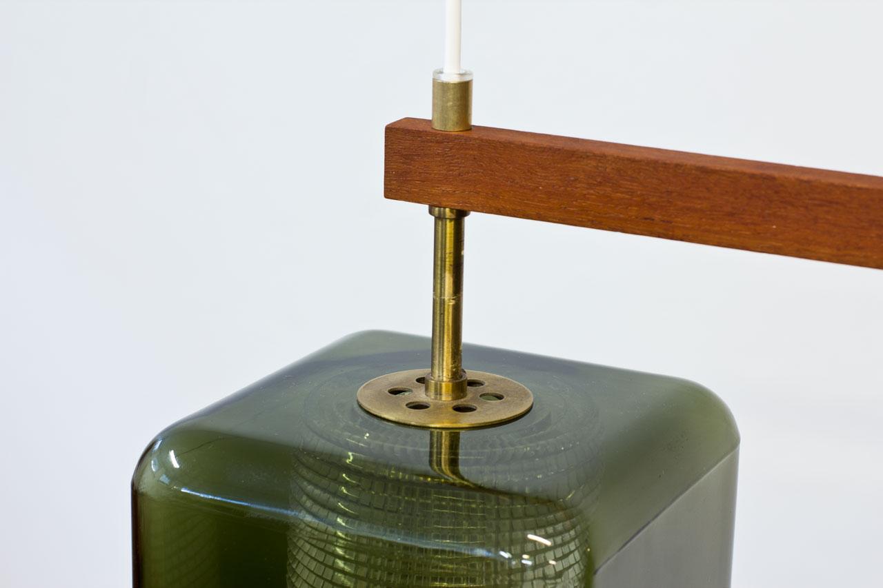 Mid-20th Century Teak, Glass and Brass Hanging Lamp by Carl Fagerlund for Orrefors, Sweden, 1960s
