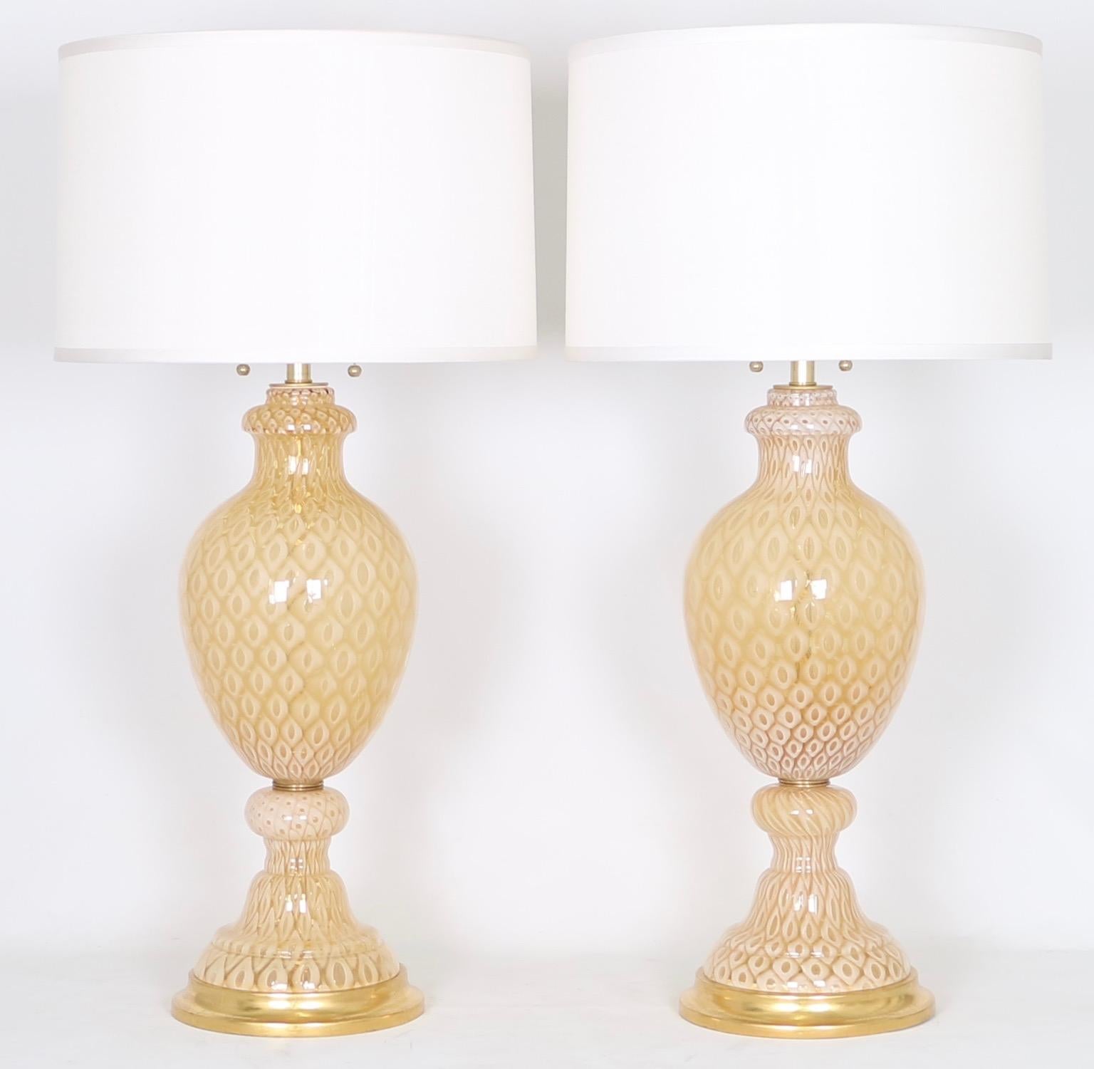 Seguso for Marbro Lamp Co. Hollywood Regency Murano Glass Honeycomb Lamps 1