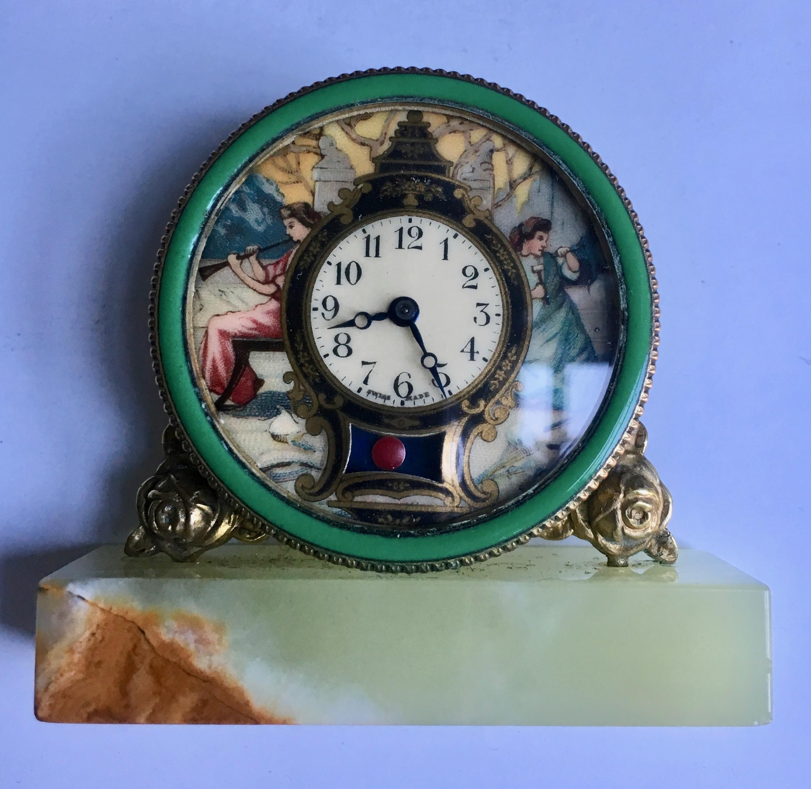 Brass Swiss Hand-Painted Desk Clock