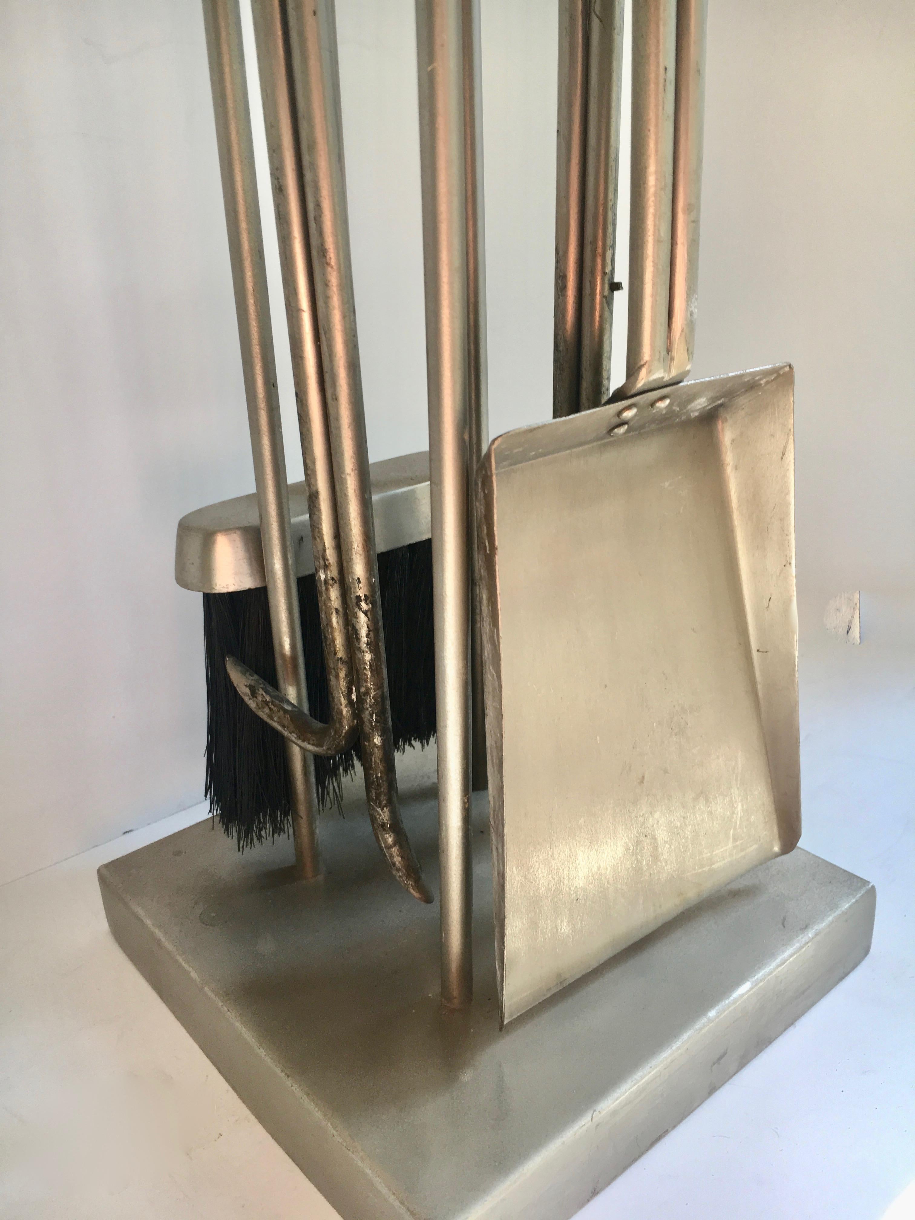 Five-Piece Brushed Aluminium and Leather Fireplace Tool Set on Stand 1