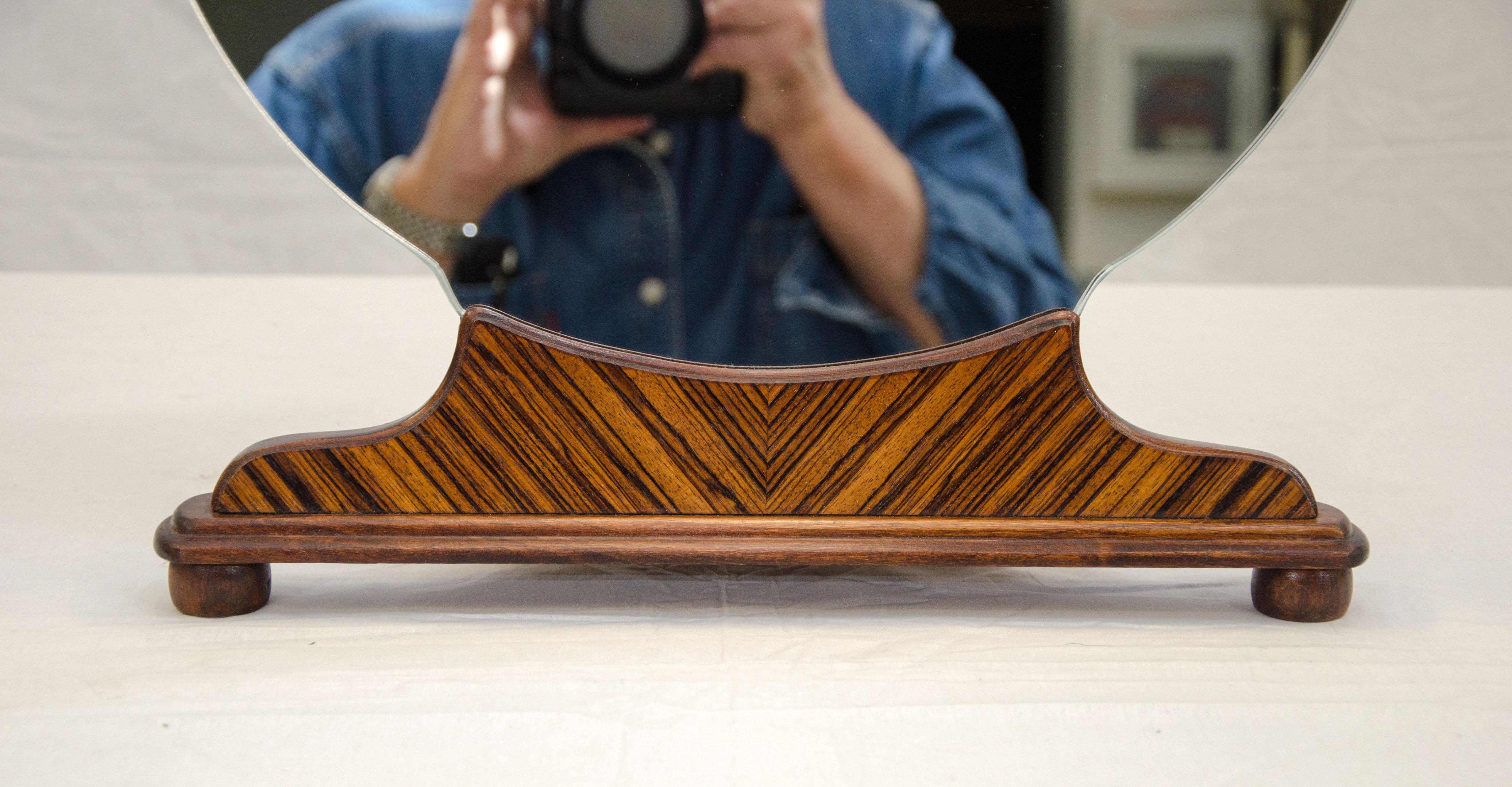 American Art Deco Round Walnut Freestanding High-Boy Dresser Mirror For Sale