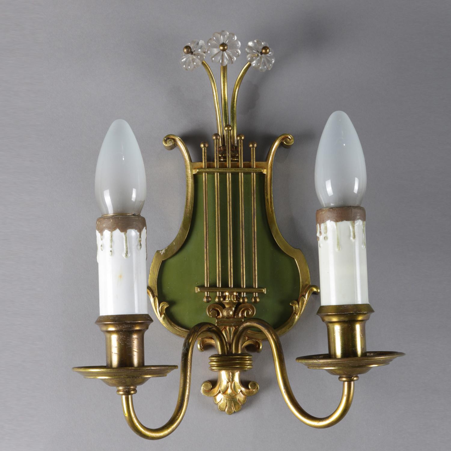 Glass Pair of Vintage Brass Lyre Form Two-Candle Electrified Wall Sconces 20th Century