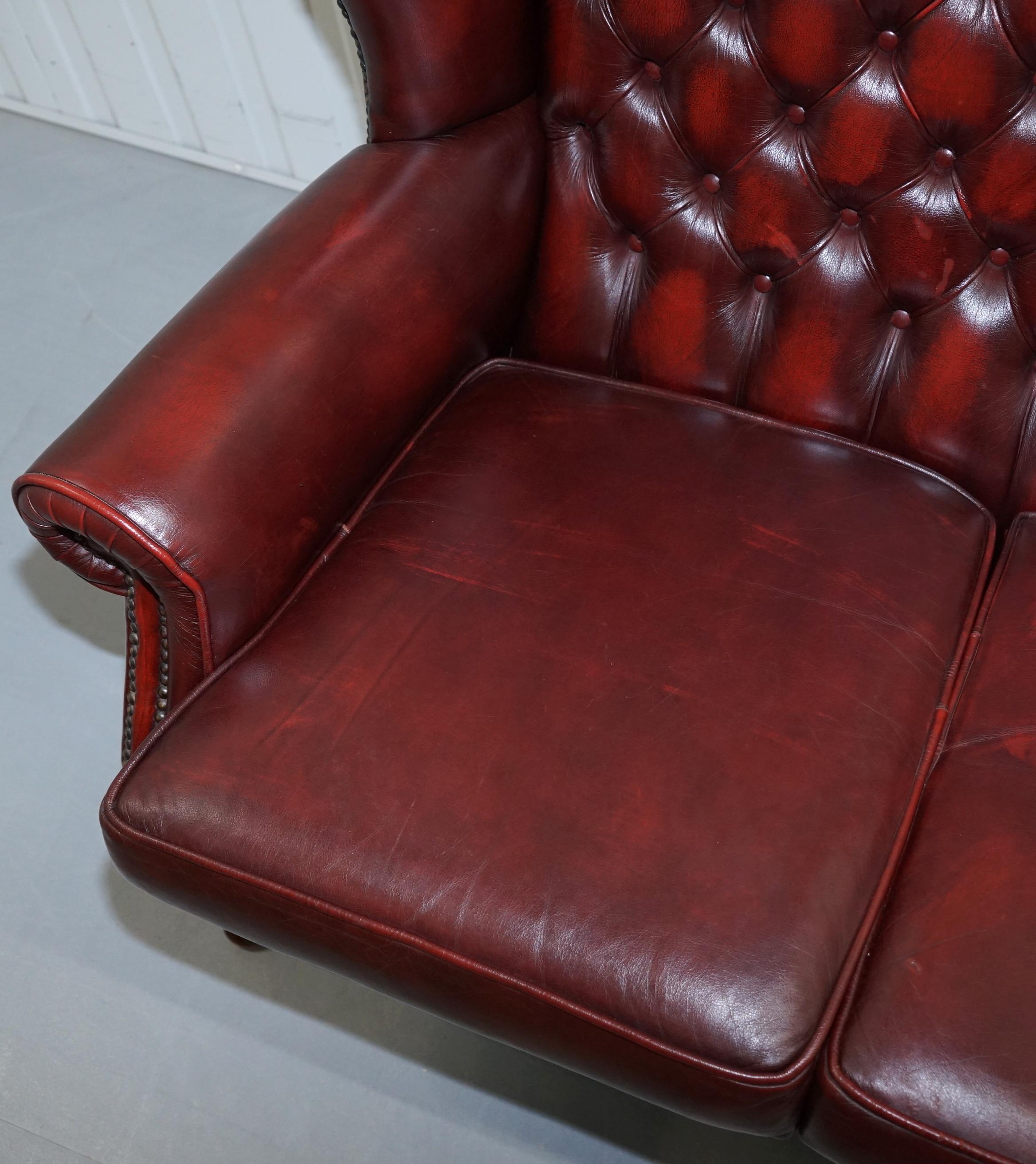 Hand-Crafted Vintage Chesterfield Oxblood Leather Two-Seat Wingback Leather Sofa Seat Settee