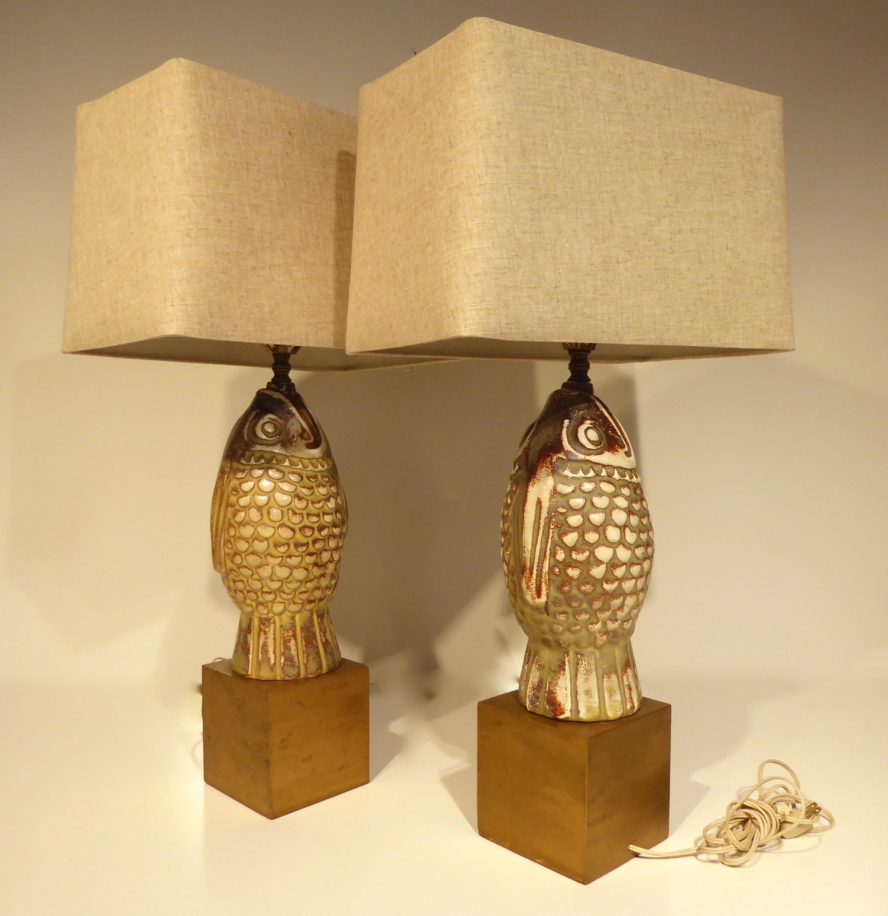 Mid-20th Century Opposing Pair of Ceramic Koi Figures Mounted as Lamps