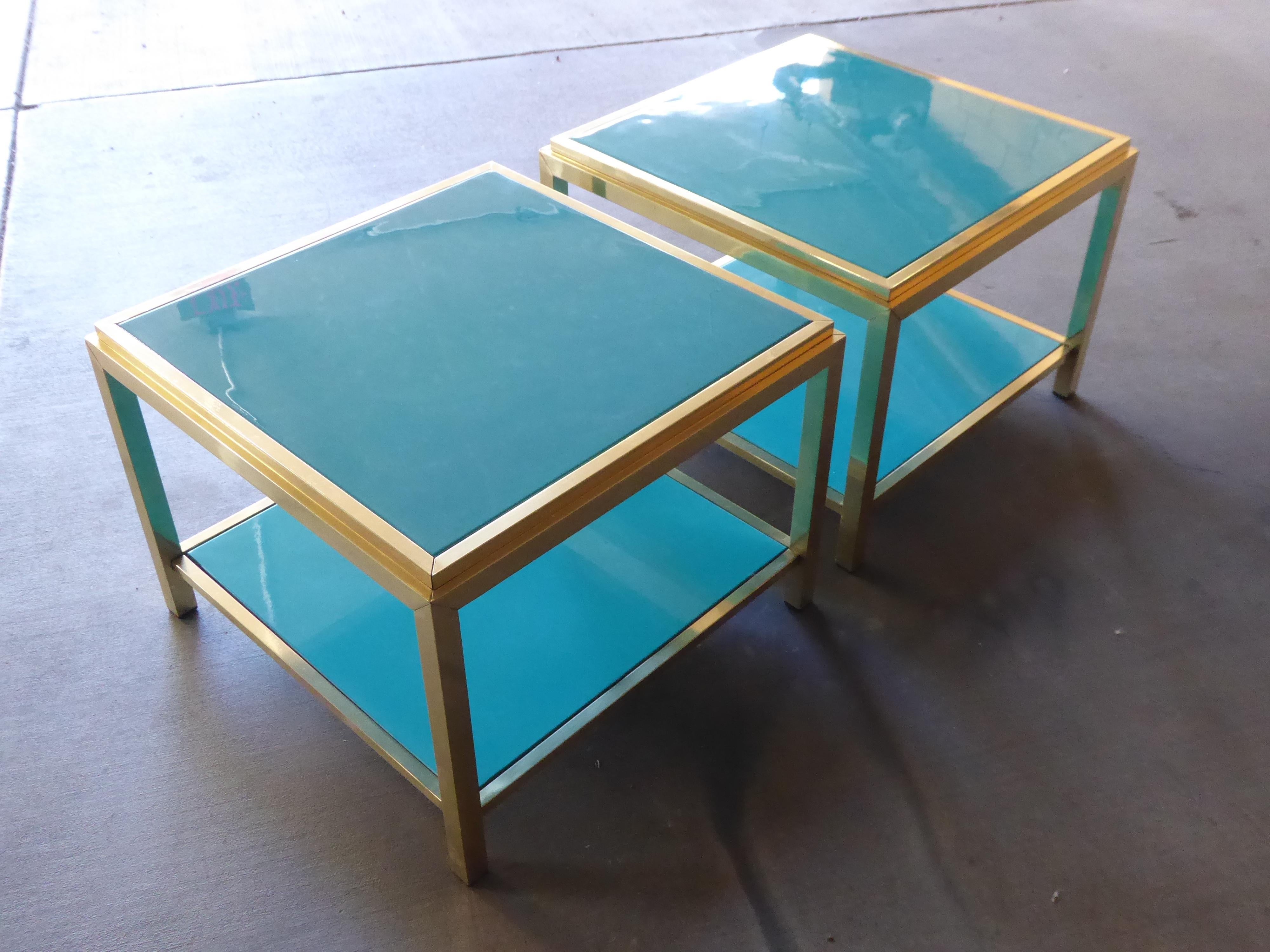 Pair of Brass and Lacquered Two-Tier Side Tables Attributed to Mastercraft 1