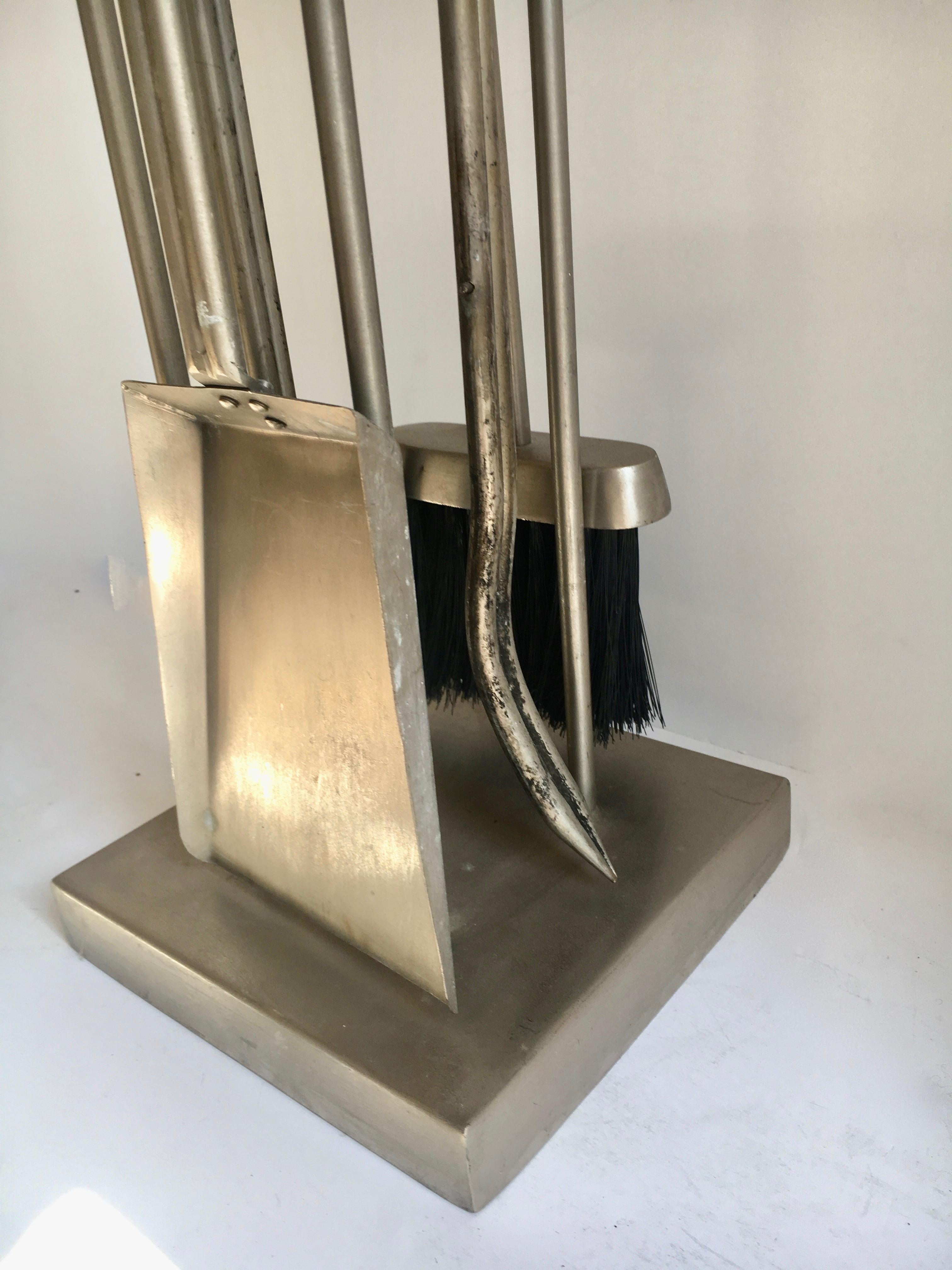 Five-Piece Brushed Aluminium and Leather Fireplace Tool Set on Stand 2