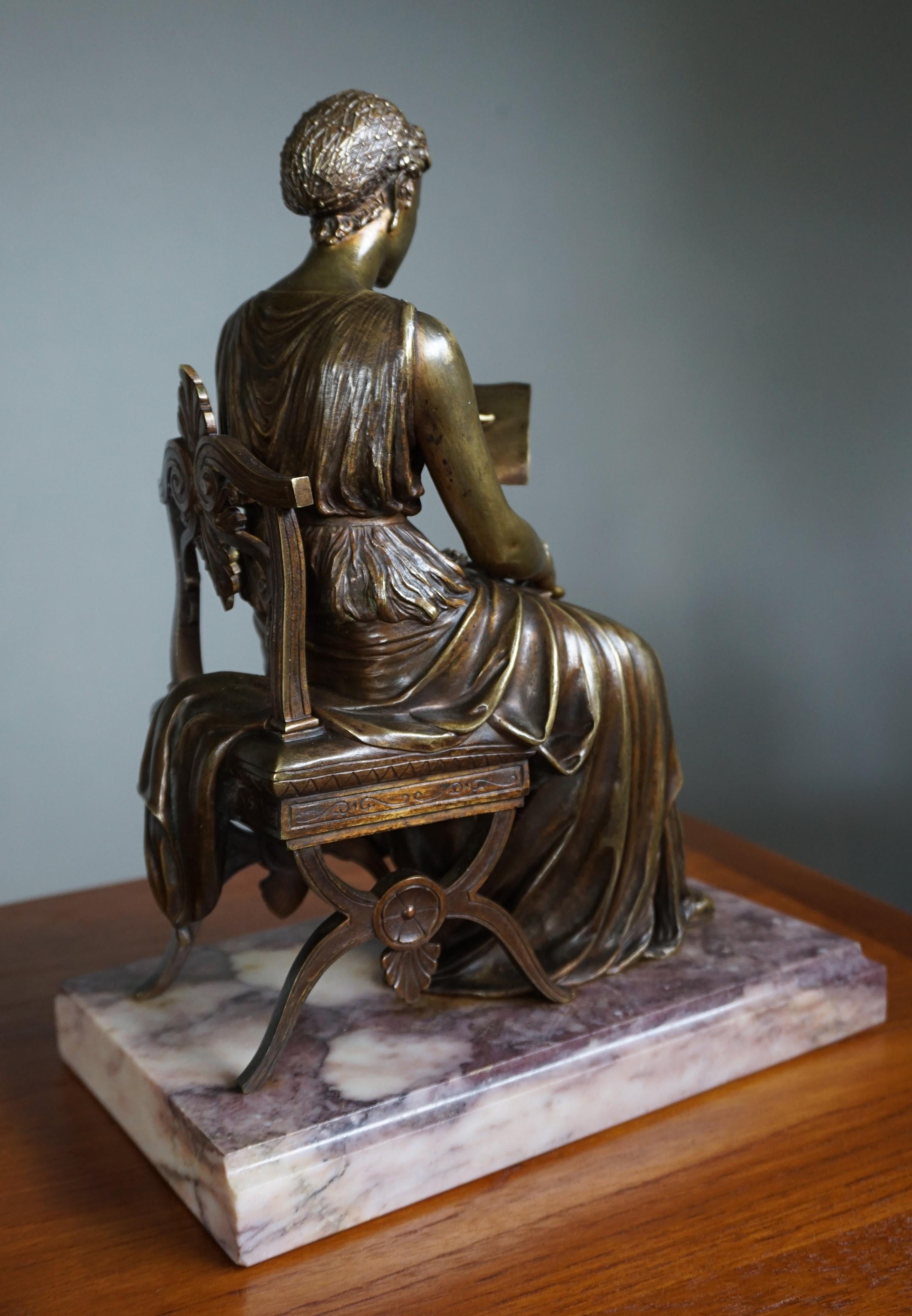 Antique Bronze Sculpture of Letter Reading Lady in Klismos Chair on Marble Base 1