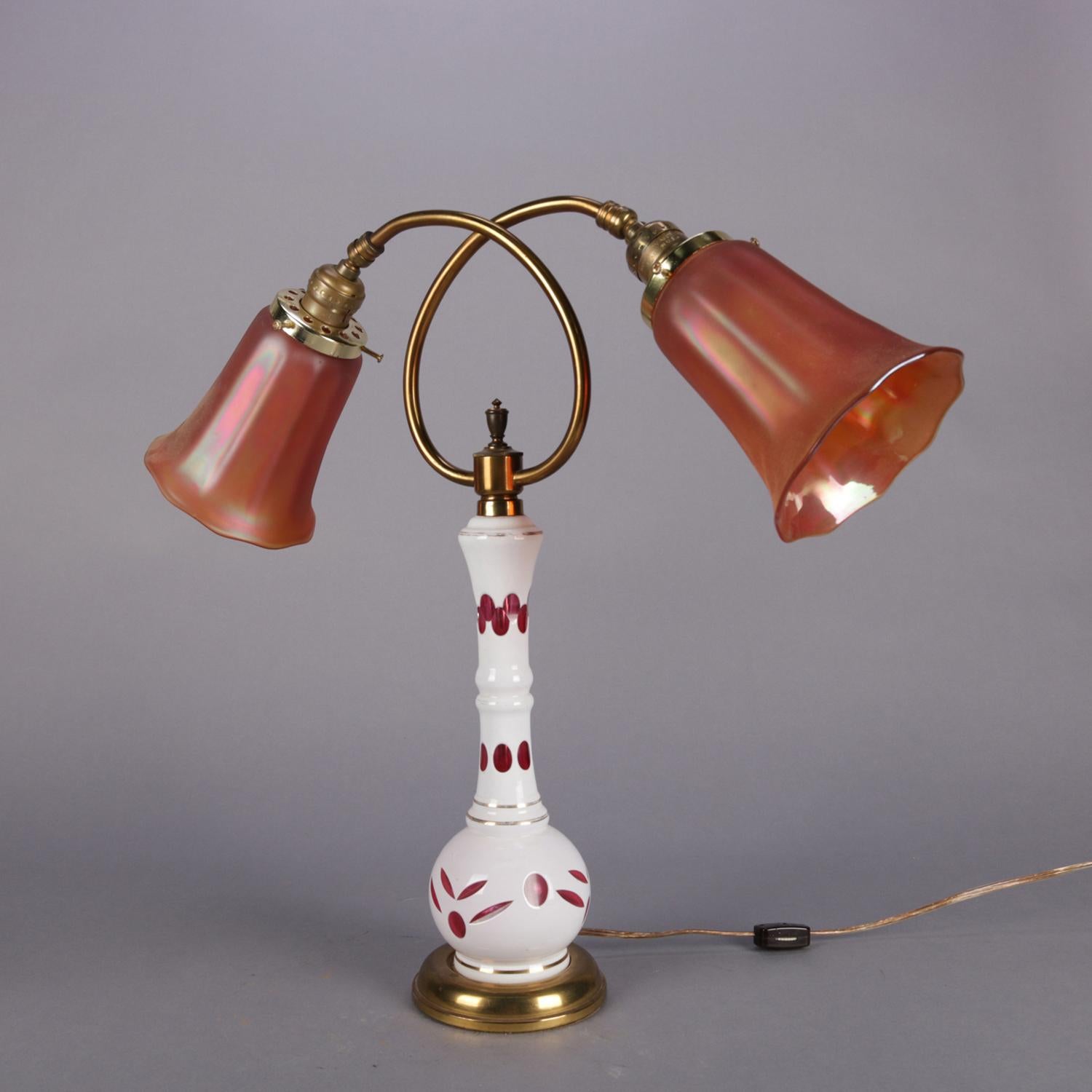 Antique Bohemian Cased Cut to Cranberry Glass Table Lamp, Carnival Shades In Good Condition In Big Flats, NY