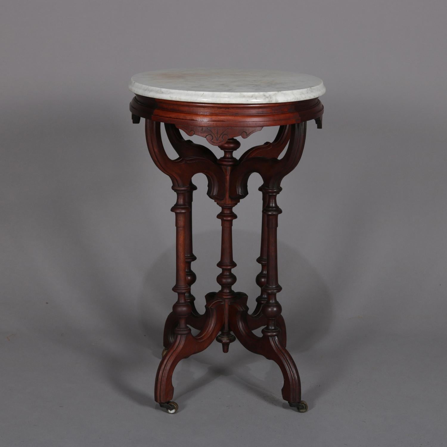 Beveled Antique Eastlake Carved Walnut Marble-Top Plant Stand, circa 1890