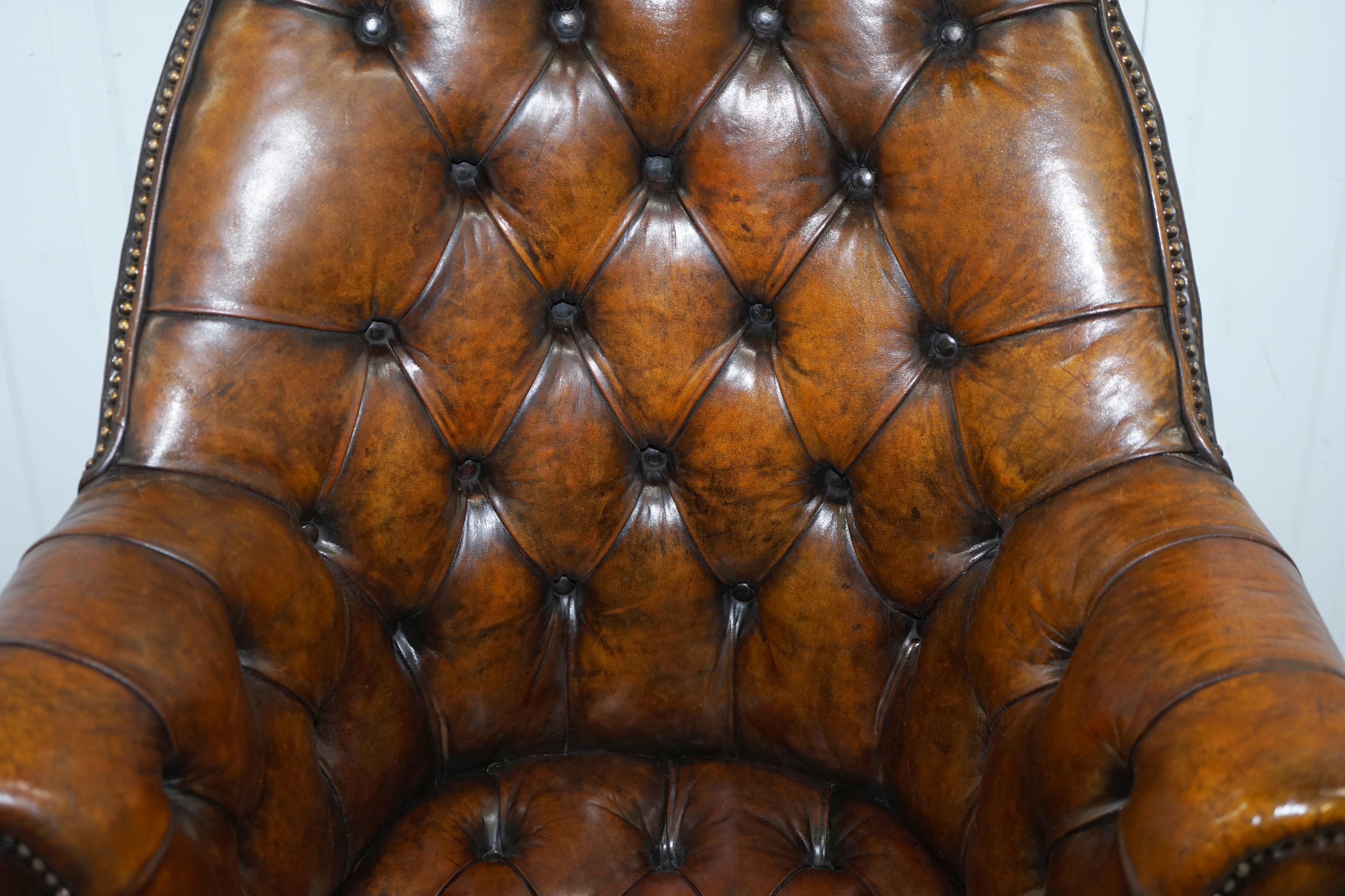 Hand-Carved Restored 1920s Hillcrest Chesterfield Brown Leather Directors Captains Chair A1