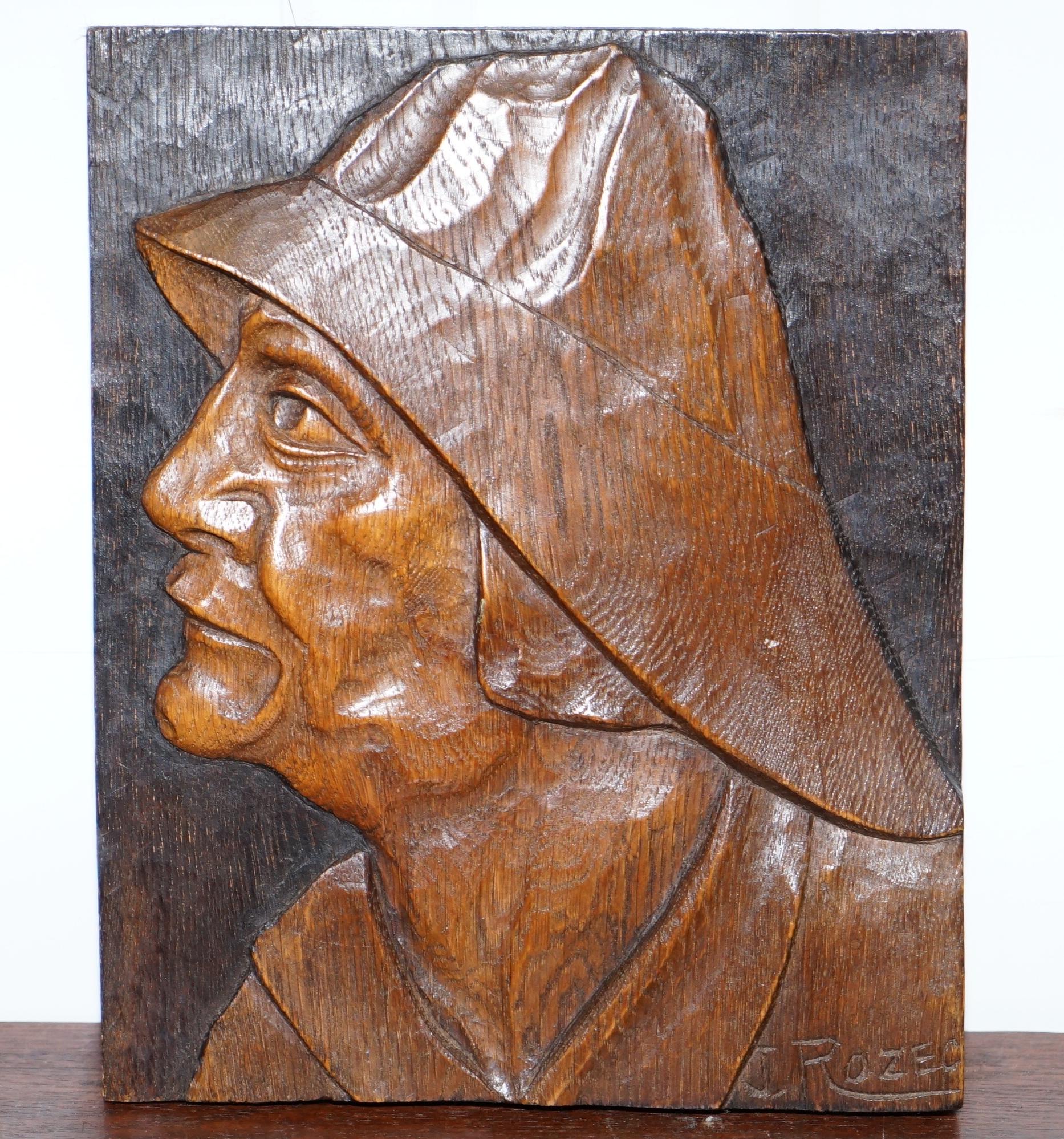 Mid-20th Century Pair of Rare Hand Wood Carved Walnut J Rozec Signed Portraits Fisherman & Wife For Sale