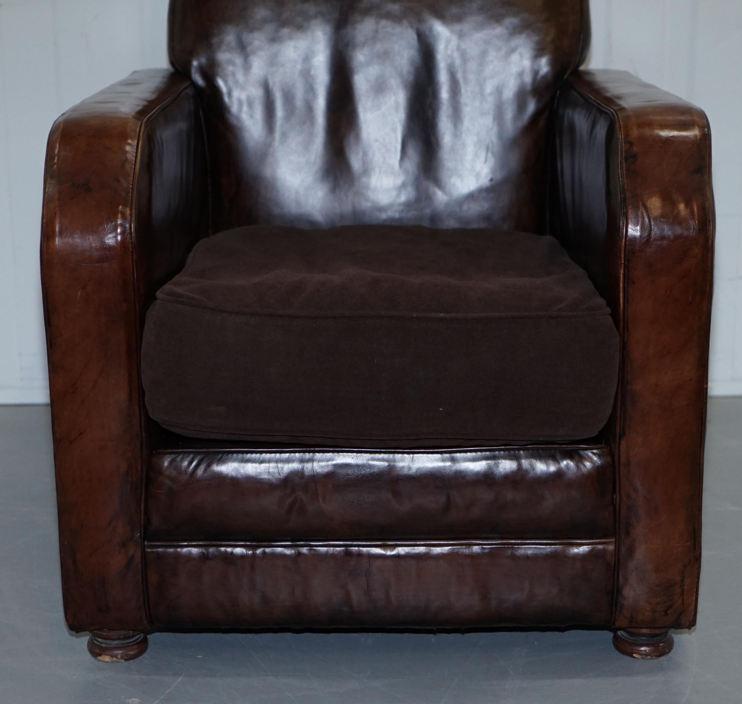 Aged Brown Leather Coil Sprung Base Armchair with Velvet Feather Filled Cushion 2
