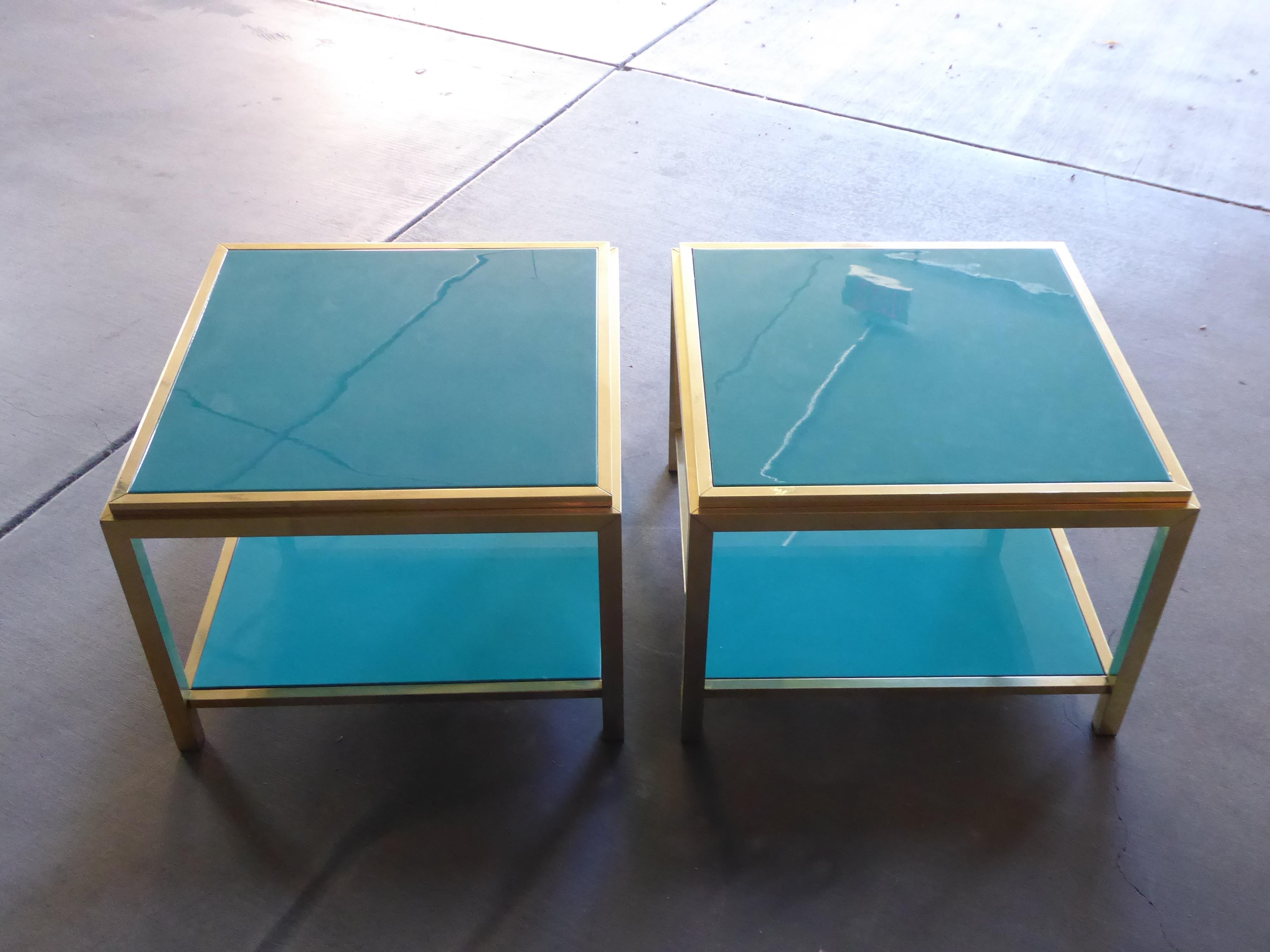 Pair of Brass and Lacquered Two-Tier Side Tables Attributed to Mastercraft 2