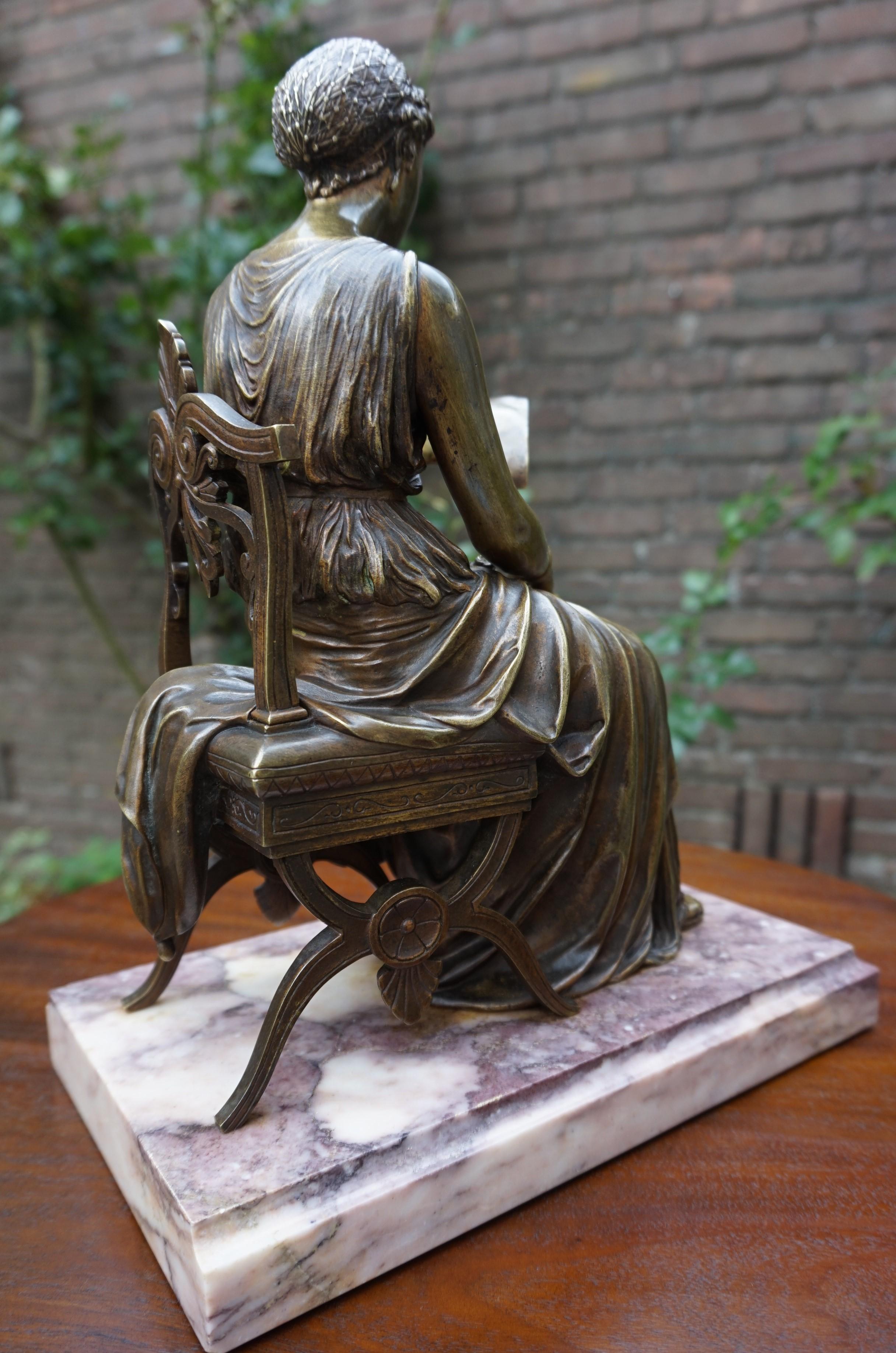 Antique Bronze Sculpture of Letter Reading Lady in Klismos Chair on Marble Base 2