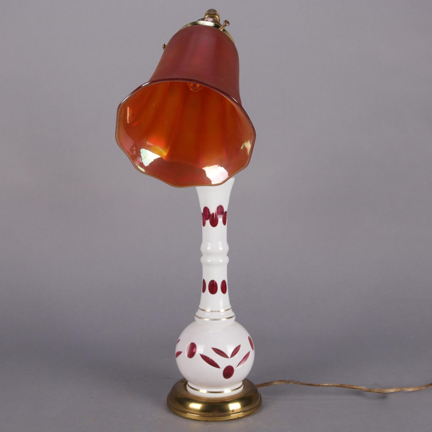 20th Century Antique Bohemian Cased Cut to Cranberry Glass Table Lamp, Carnival Shades