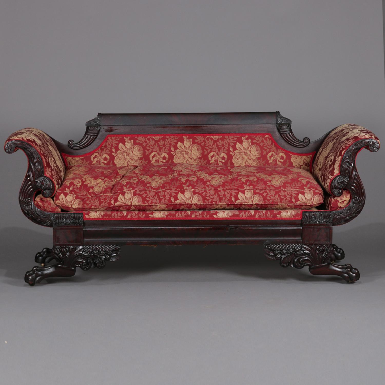 Antique Pair First Period American Empire Carved Flame Mahogany Sofas, NY 5