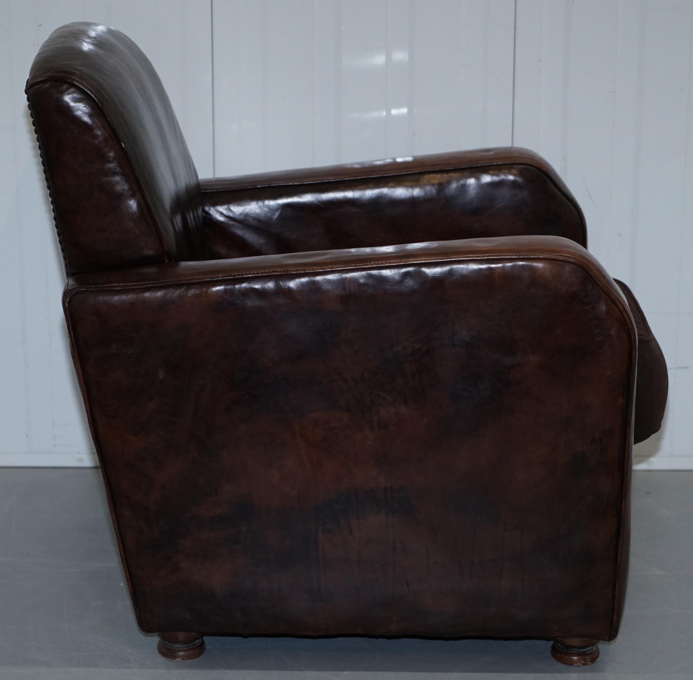 Aged Brown Leather Coil Sprung Base Armchair with Velvet Feather Filled Cushion 3