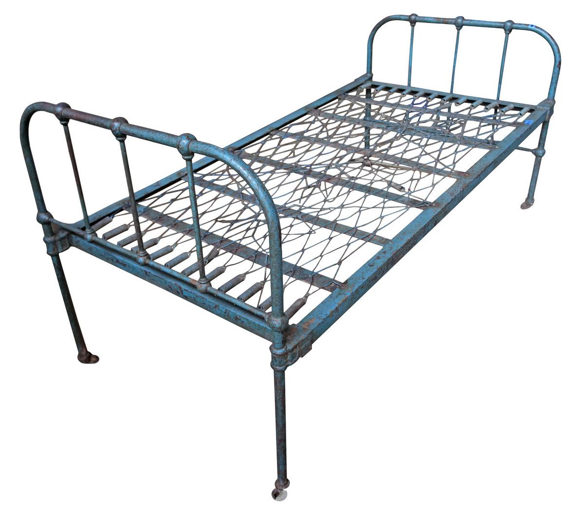20th Century Iron Twin Bed with Original Blue Paint, 1930s